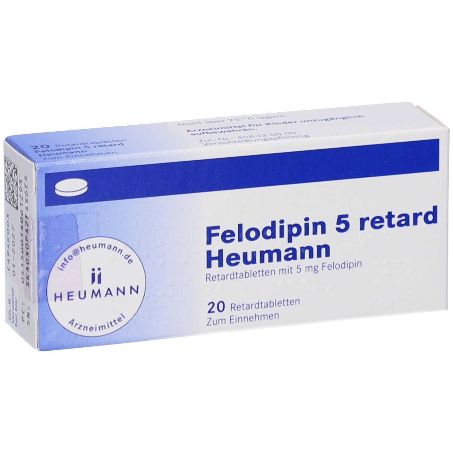 Felodipin 5 retard Heumann, 20 Retardtabletten. Weiße Schachtel mit blauer Schrift. Heumann Logo.