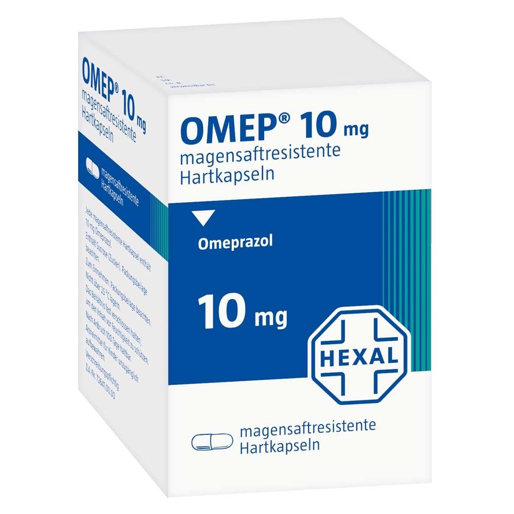 Schachtel mit OMEP® 10 mg magensaftresistente Hartkapseln. Blaue und weiße Farbgebung. HEXAL-Logo.