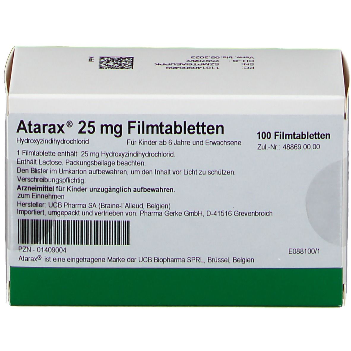 Schachtel mit Atarax 25 mg Filmtabletten. Text: Hydroxyzinhydrochlorid, 100 Filmtabletten. Grün-weiße Verpackung.