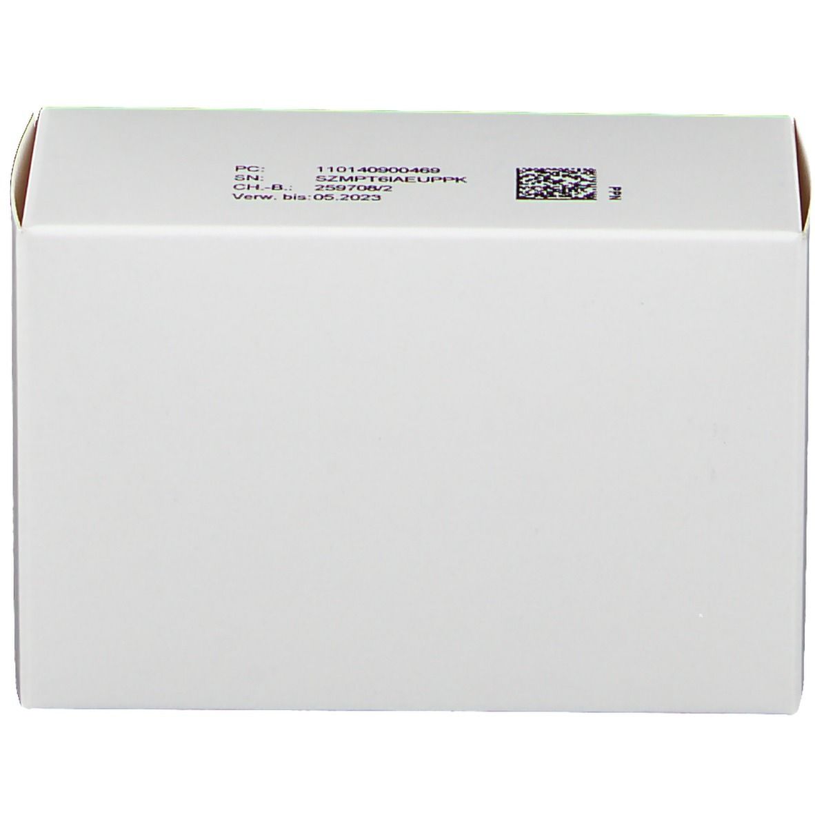 Weiße Schachtel, Seitenansicht. Text und Barcode oben. Unterseite grün.