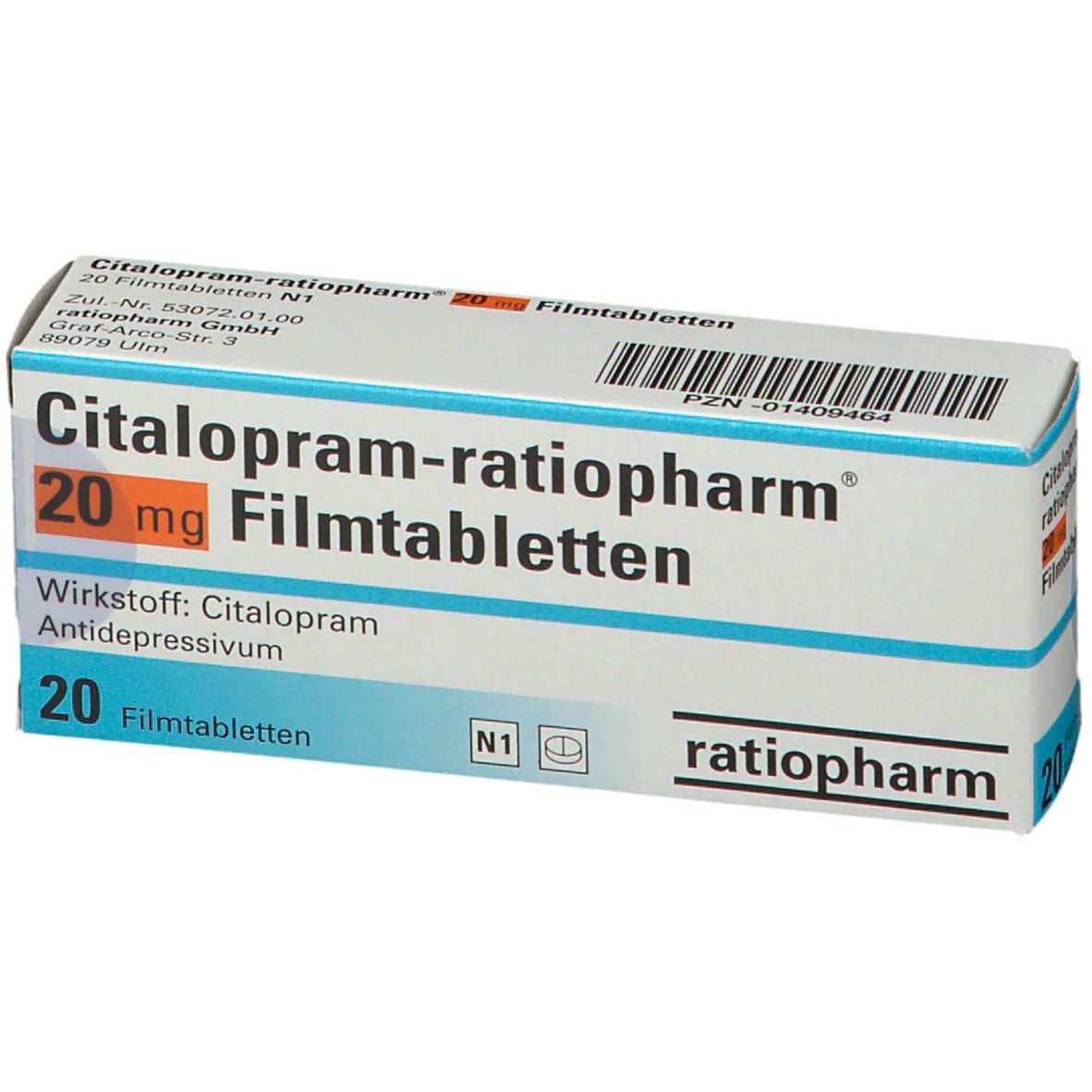 Citalopram-ratiopharm® 20 mg Filmtabletten Verpackung, schräg von vorne.
