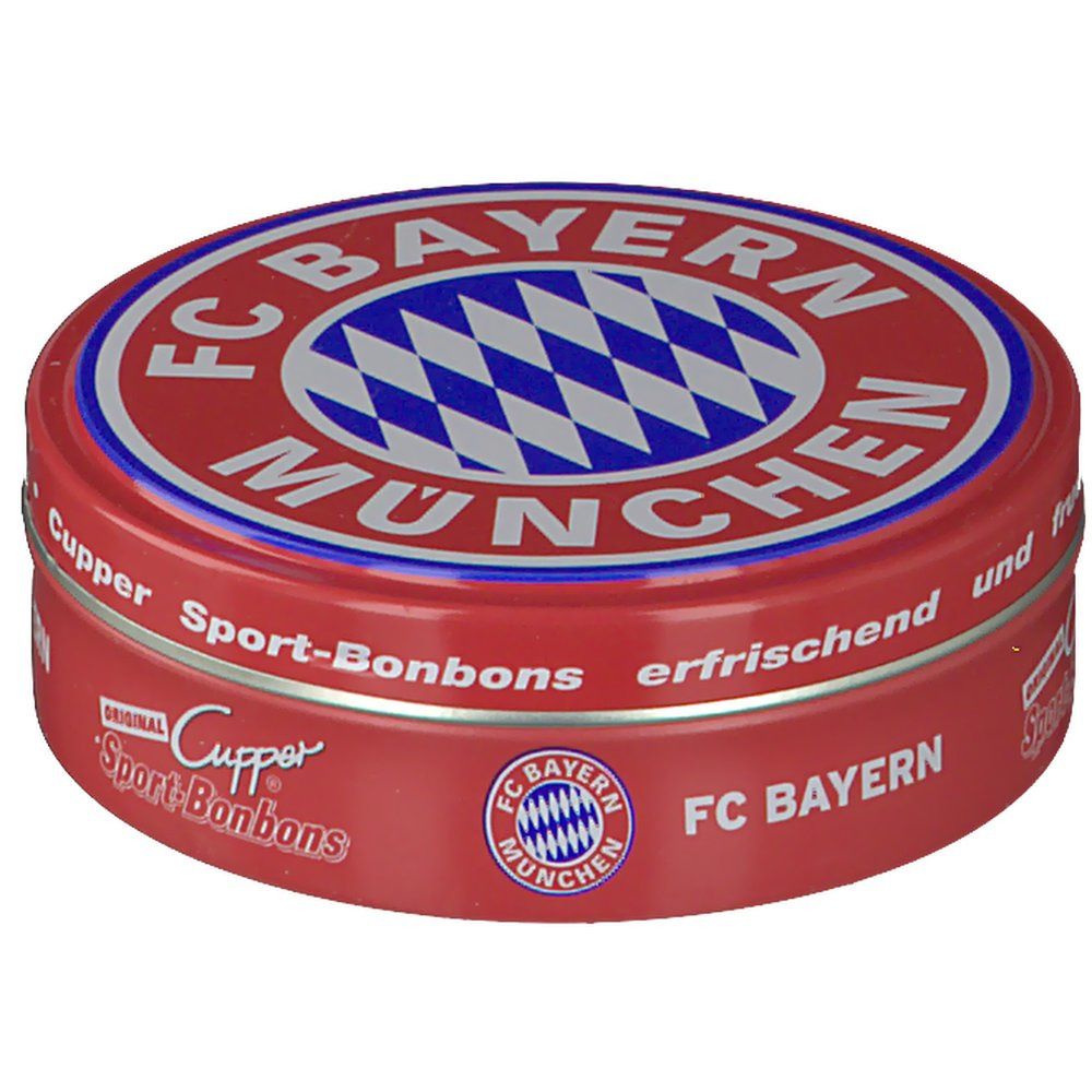 Runde, rote Dose mit FC Bayern München Logo. Aufschrift: Cupper Sport Bonbons. Blau-weißes Rautenmuster auf dem Deckel.