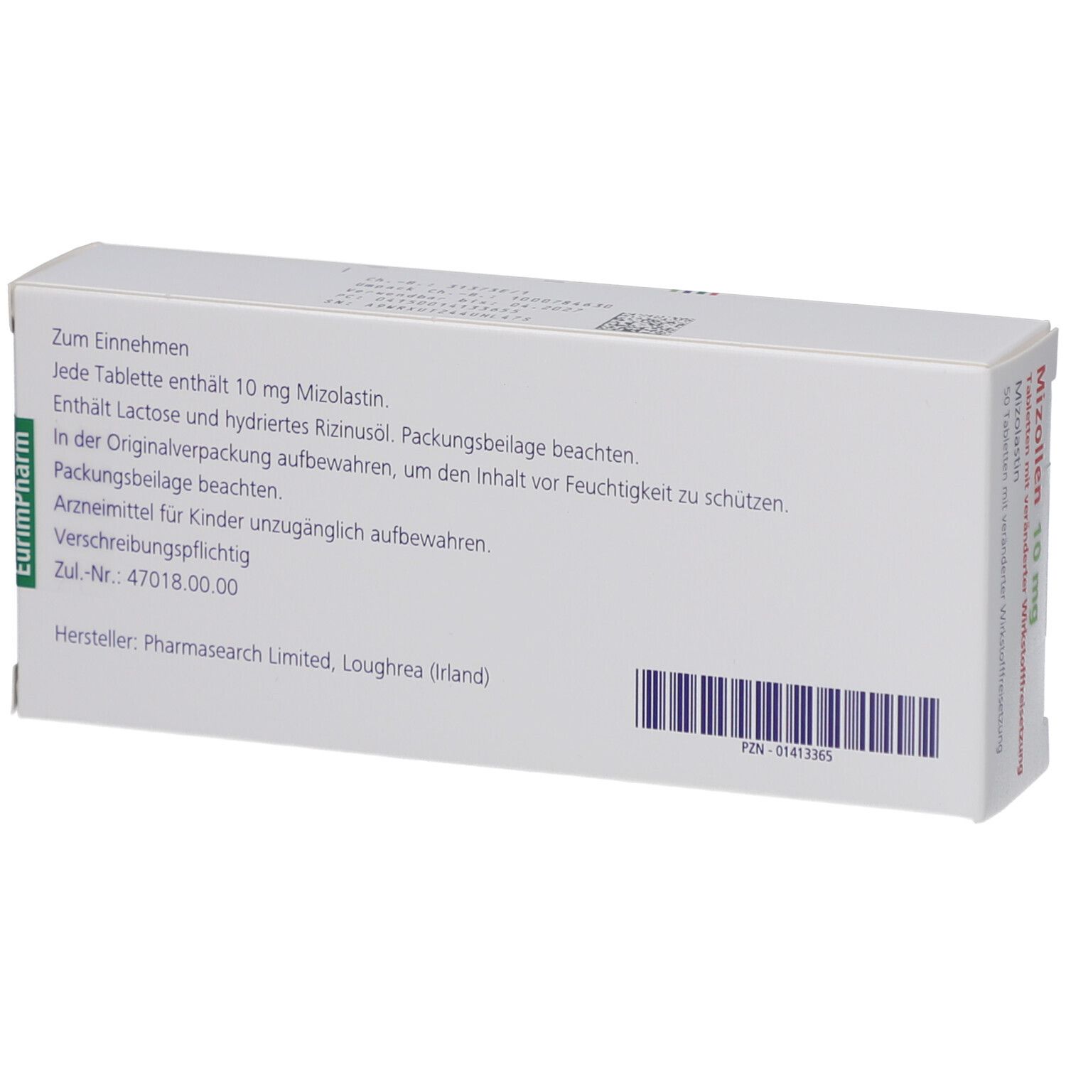 Rückseite der Mizollen 10 mg Tabletten-Schachtel. Text: Zum Einnehmen. Hersteller: Pharmasearch Limited, Loughrea (Irland).