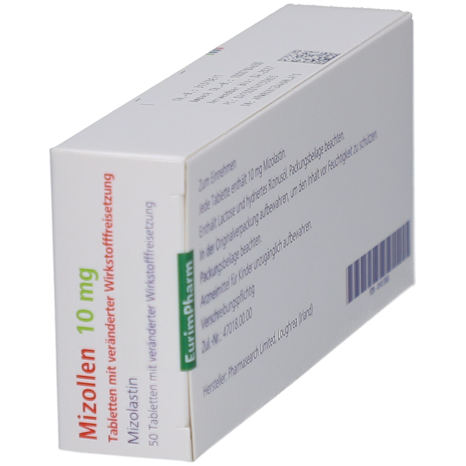 Schräg gestellte Mizollen 10 mg Tabletten-Schachtel. Aufschrift: Mizolastin, Antiallergikum. Eurimpharm Logo.