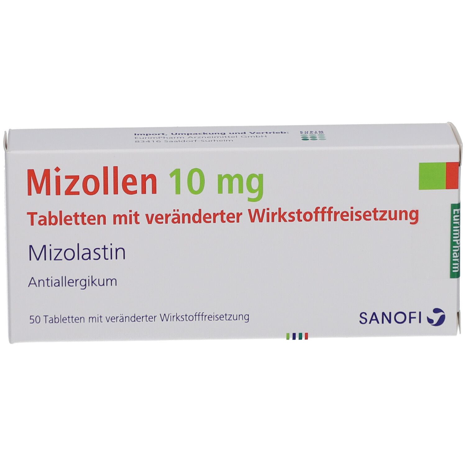 Mizollen 10 mg Tabletten-Schachtel. Aufschrift: Mizolastin, Antiallergikum. Sanofi Logo. 50 Tabletten.
