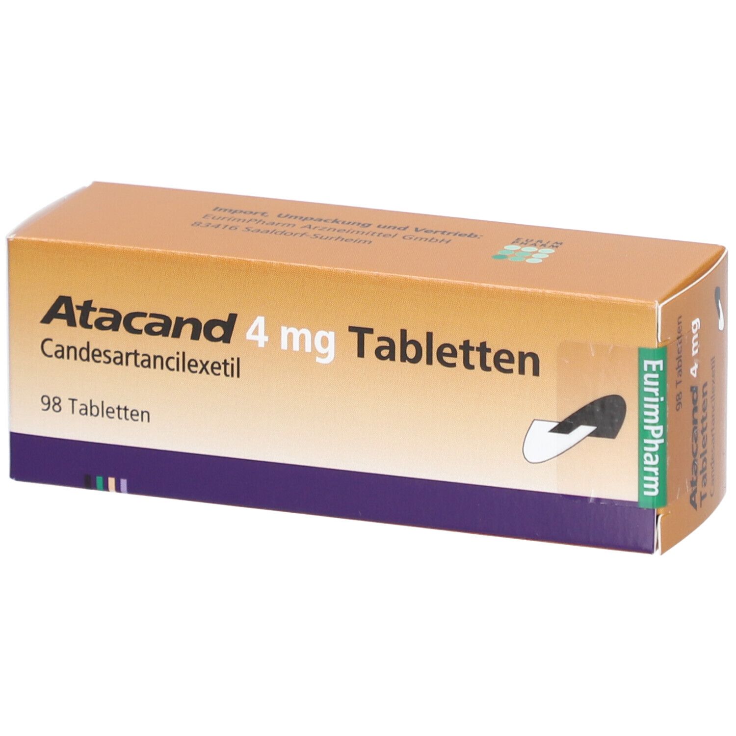 Atacand 4 mg Tabletten-Packung. Enthält 98 Tabletten. Candesartancilexetil. Braune und weiße Verpackung.