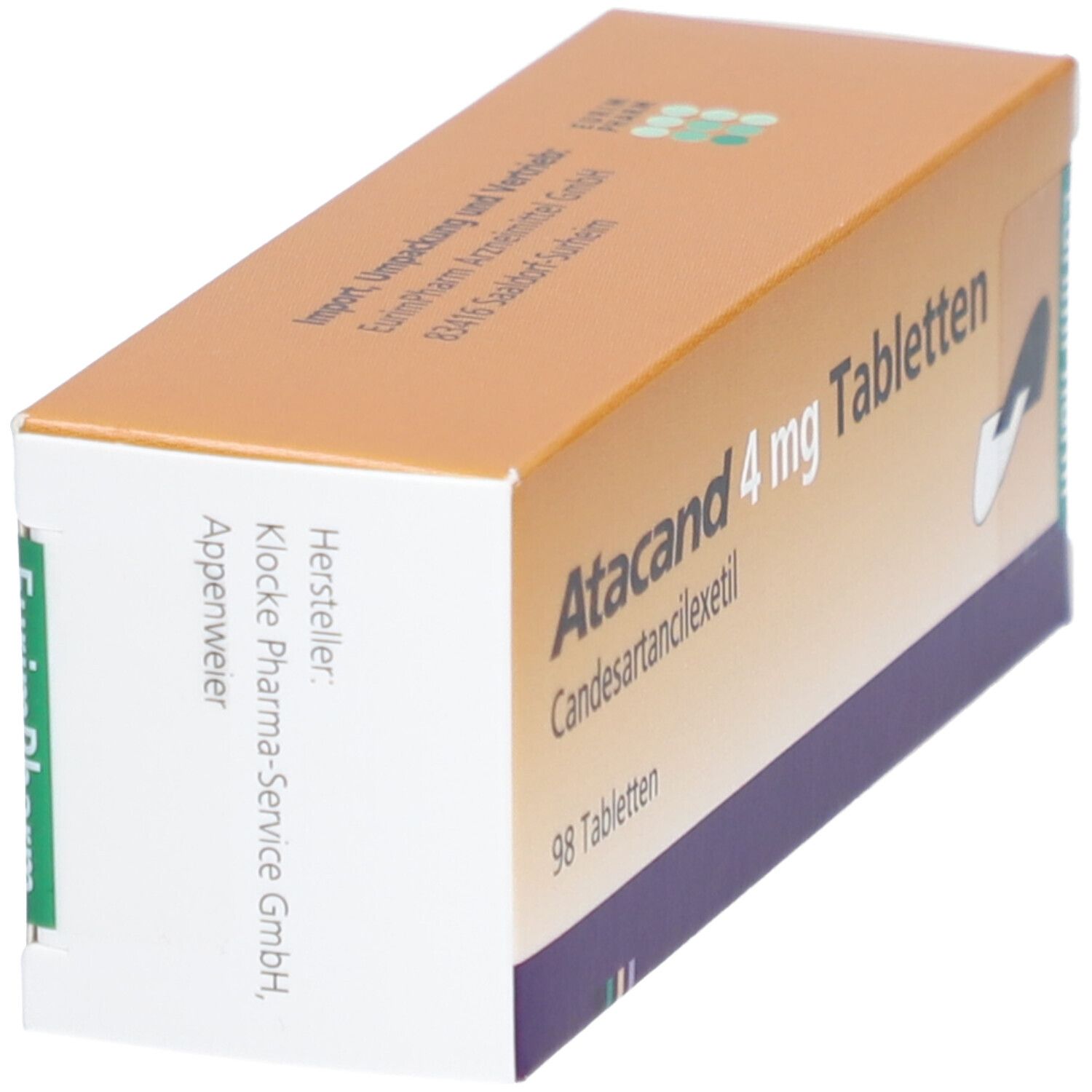 Atacand 4 mg Tabletten-Packung. Braune und weiße Verpackung. Hersteller: Klocke Pharma-Service GmbH, Appenweier.