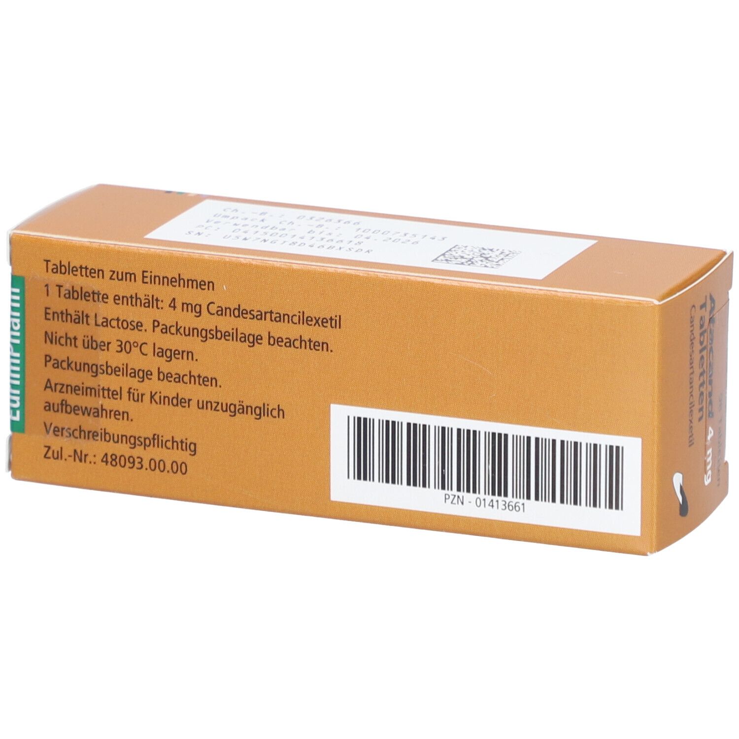 Rückseite der Atacand 4 mg Tabletten-Packung. Enthält Informationen. Braune Verpackung mit weißem Etikett.