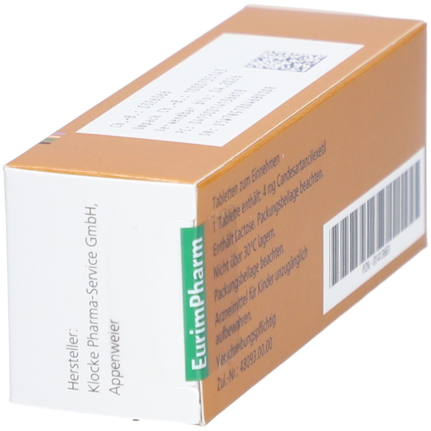 Rückseite der Atacand 4 mg Tabletten-Packung. Braune Verpackung mit weißem Etikett. Herstellerinformationen.