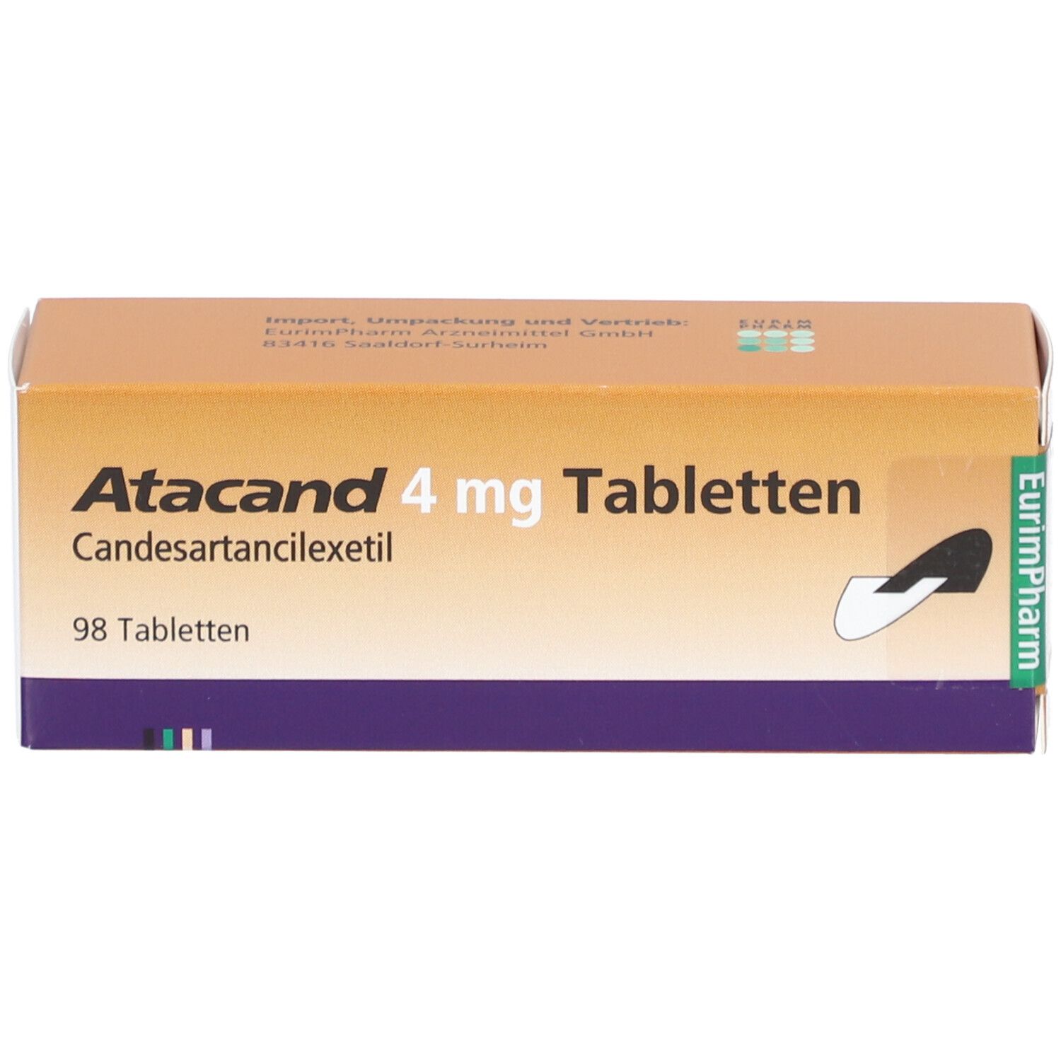 Atacand 4 mg Tabletten-Packung. Enthält 98 Tabletten. Candesartancilexetil. Braune und weiße Verpackung.