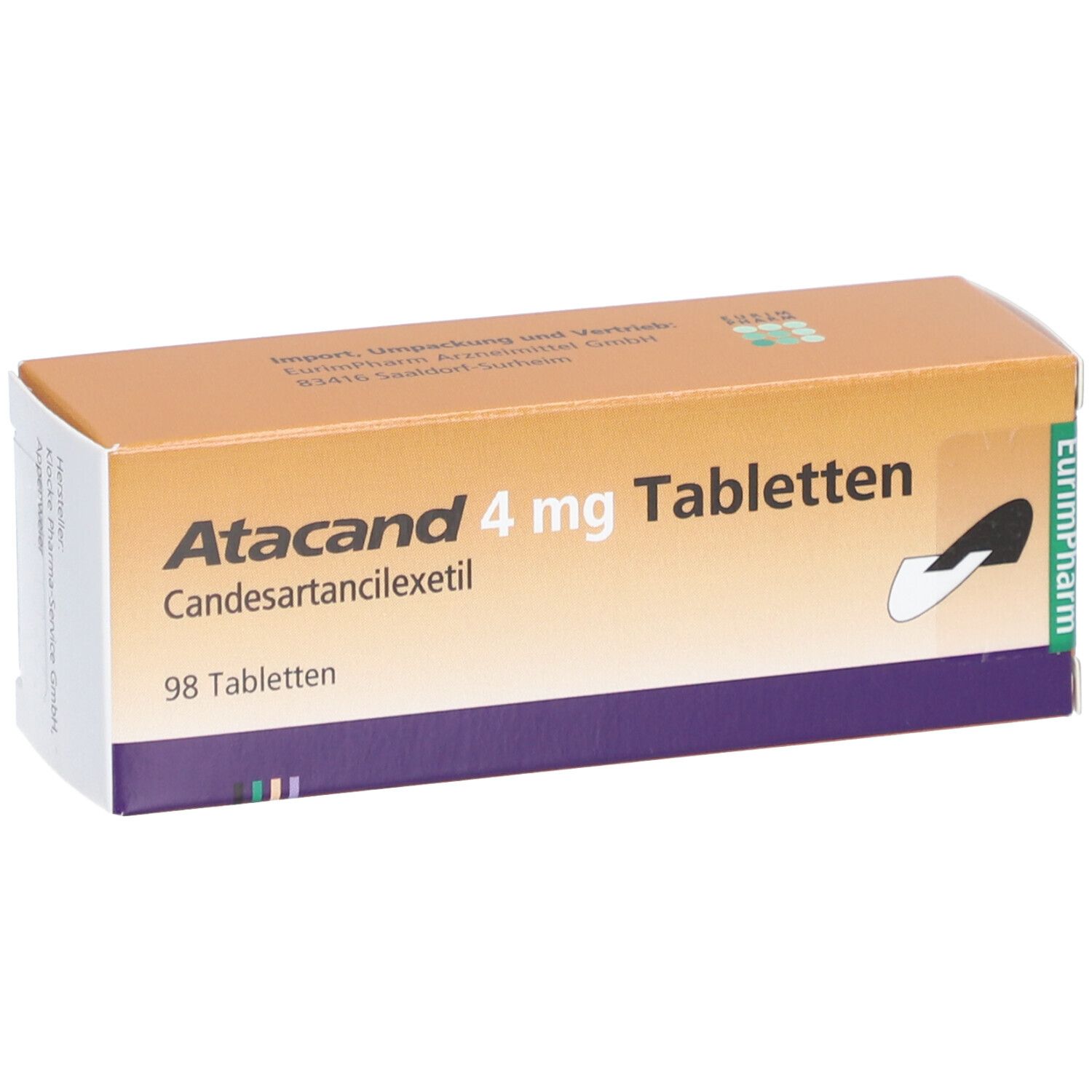Atacand 4 mg Tabletten-Packung. Enthält 98 Tabletten. Candesartancilexetil. Braune und weiße Verpackung.