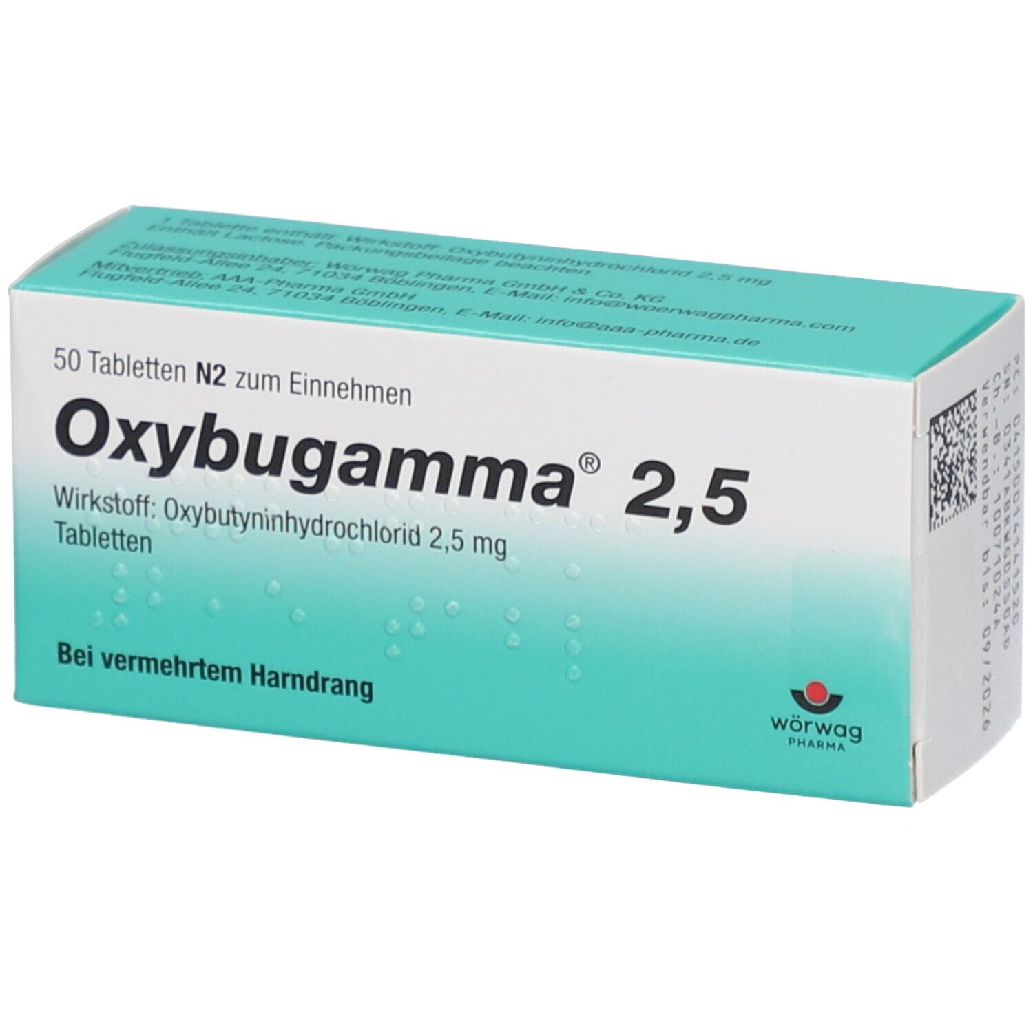Oxybugamma 2,5-Packung. 50 Tabletten. Wirkstoff: Oxybutyninhydrochlorid. Hersteller: Wörwag Pharma.