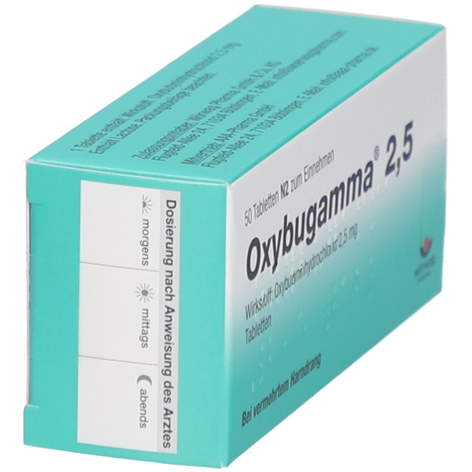 Oxybugamma 2,5-Packung. 50 Tabletten. Dosierungshinweis. Hersteller: Wörwag Pharma.