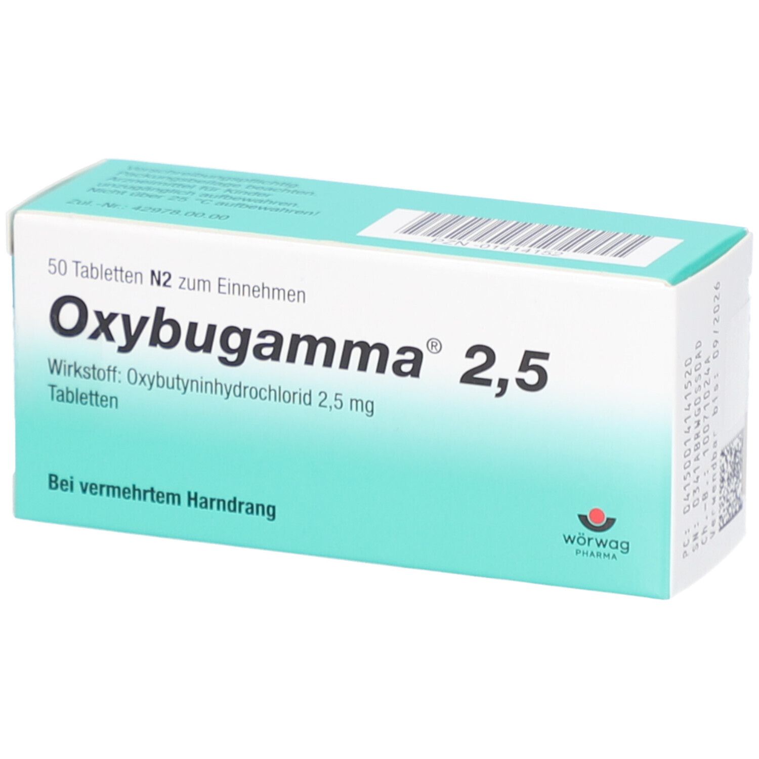 Oxybugamma 2,5-Packung. 50 Tabletten. Wirkstoff: Oxybutyninhydrochlorid. Hersteller: Wörwag Pharma.