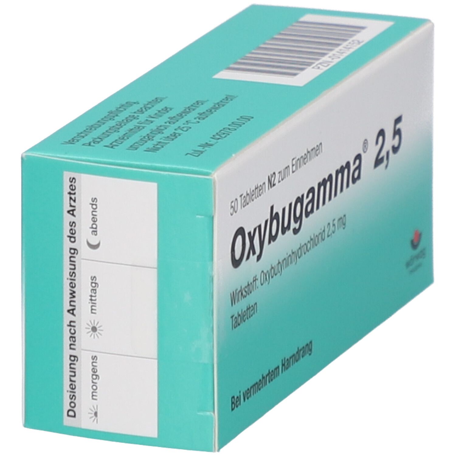 Oxybugamma 2,5-Packung. 50 Tabletten. Dosierungshinweis. Hersteller: Wörwag Pharma.