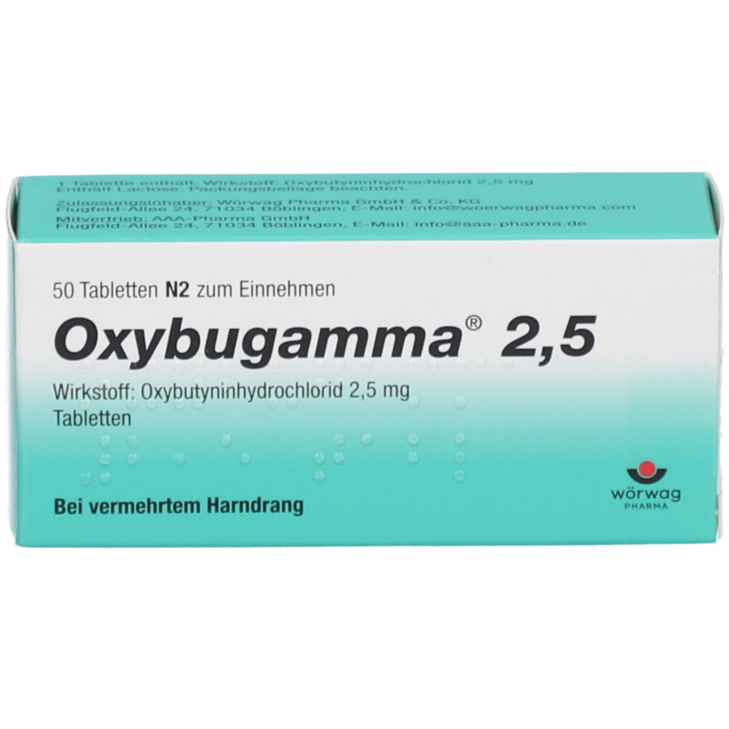 Oxybugamma 2,5-Packung. 50 Tabletten. Wirkstoff: Oxybutyninhydrochlorid. Hersteller: Wörwag Pharma.