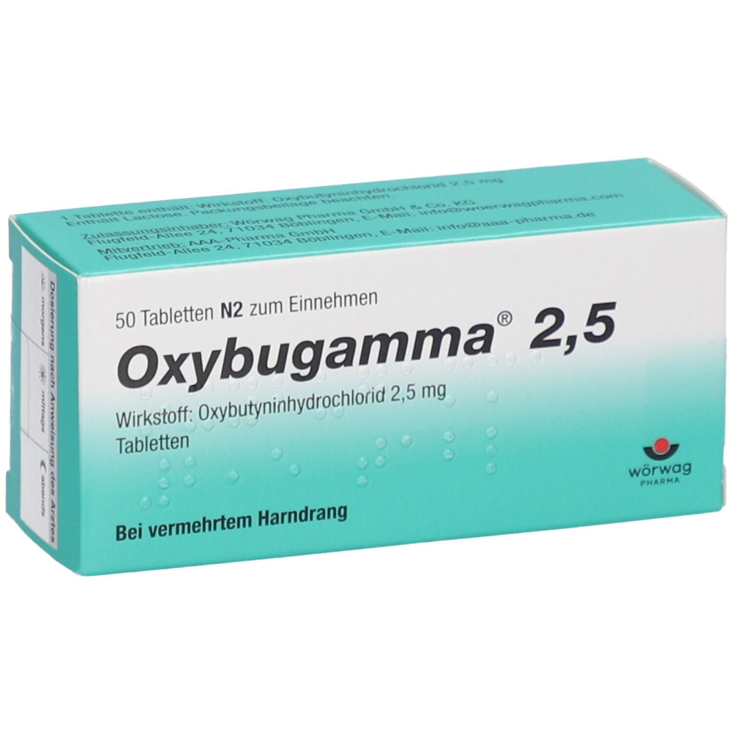 Oxybugamma 2,5-Packung. 50 Tabletten. Wirkstoff: Oxybutyninhydrochlorid. Hersteller: Wörwag Pharma.