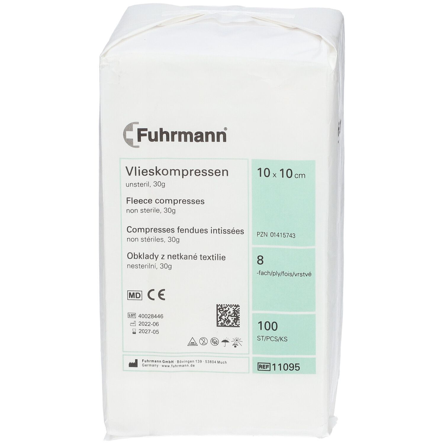 Fuhrmann Vlieskompressen, 8-lagig, 10x10 cm, 100 Stück, unsteril.