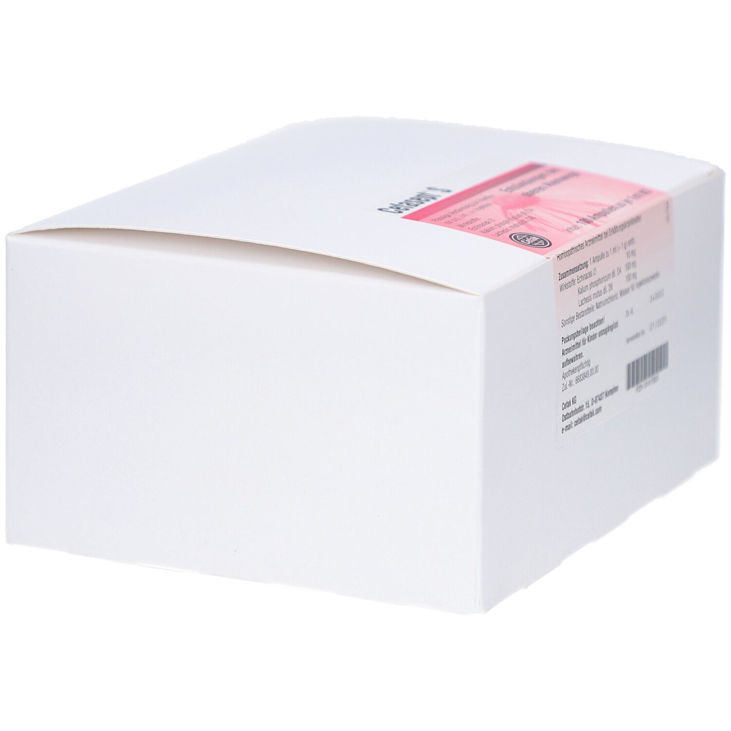 Weiße Kartonverpackung mit Etikett. Aufschrift: Cefasept S. Etikett mit Inhaltsstoffen und Verfallsdatum. Winkelansicht.