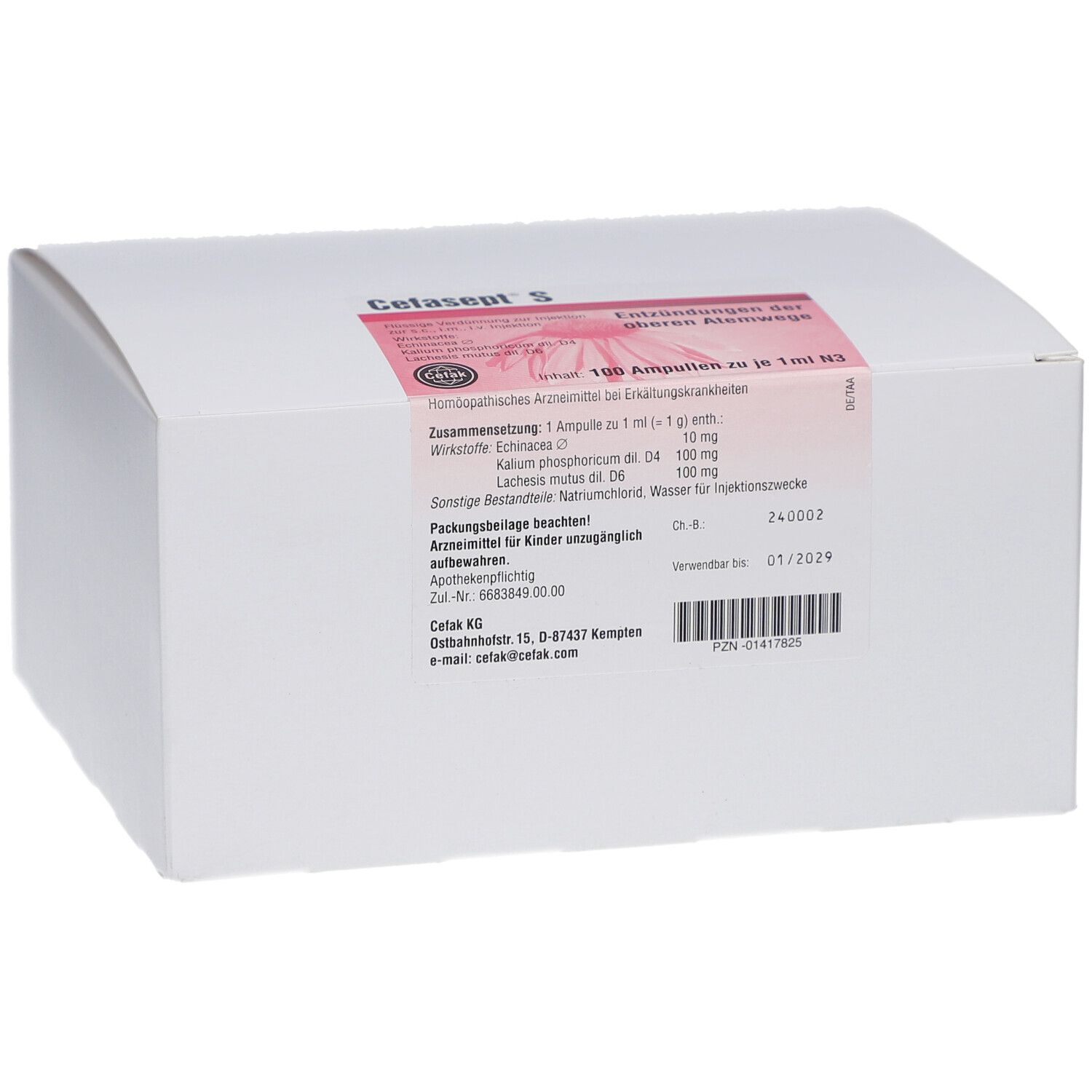 Weiße Kartonverpackung mit Etikett. Aufschrift: Cefasept S. Enthält 100 Ampullen. Details zu Inhaltsstoffen und Verfallsdatum.