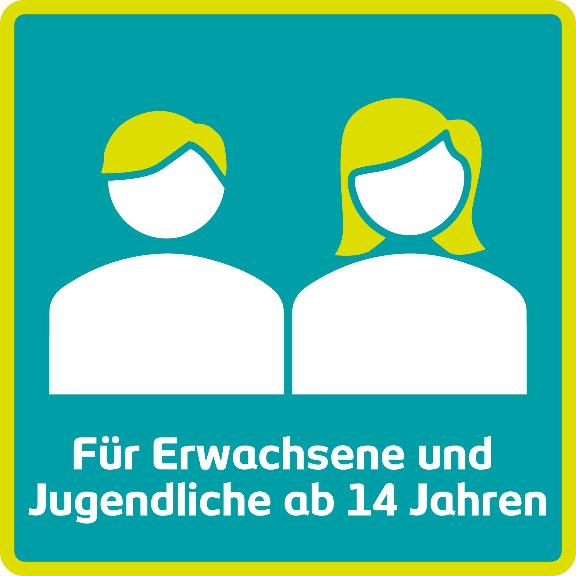 Gelbes Quadrat mit Personen-Symbol. Text: Für Erwachsene und Jugendliche ab 14 Jahren.