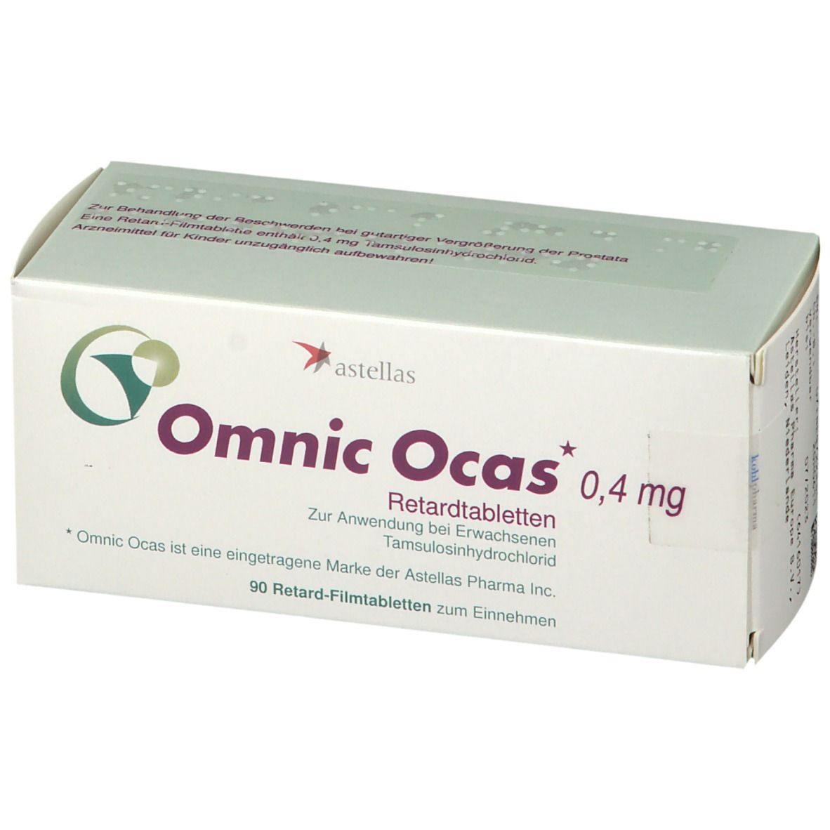Schachtel Omnic Ocas 0,4 mg. Weiß, mit Logo und Produktinformationen. Aufdruck: 90 Retard-Filmtabletten zum Einnehmen.