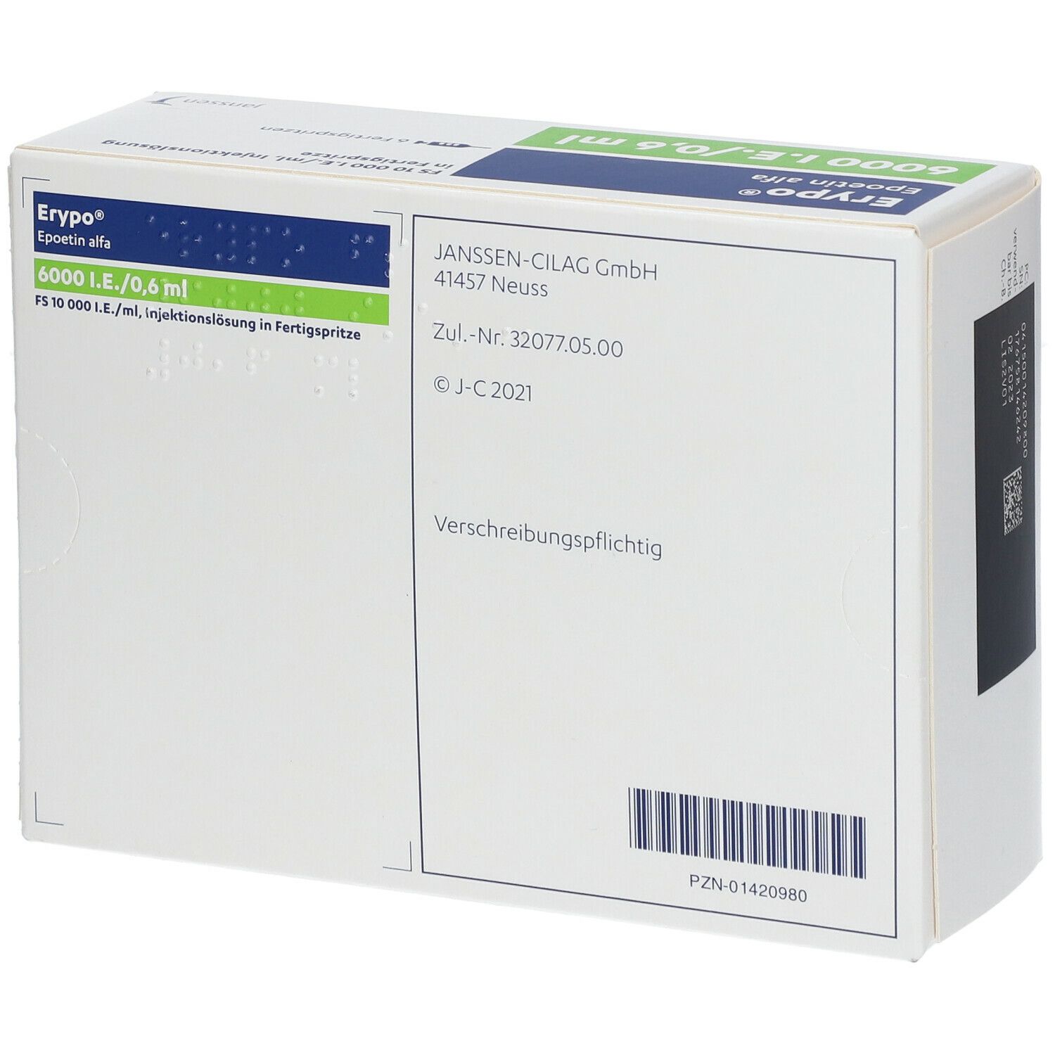 Karton Erypo, Epoetin alfa, 6000 I.E./0,6 ml. Rückseite mit Herstellerinformationen. Janssen Logo.