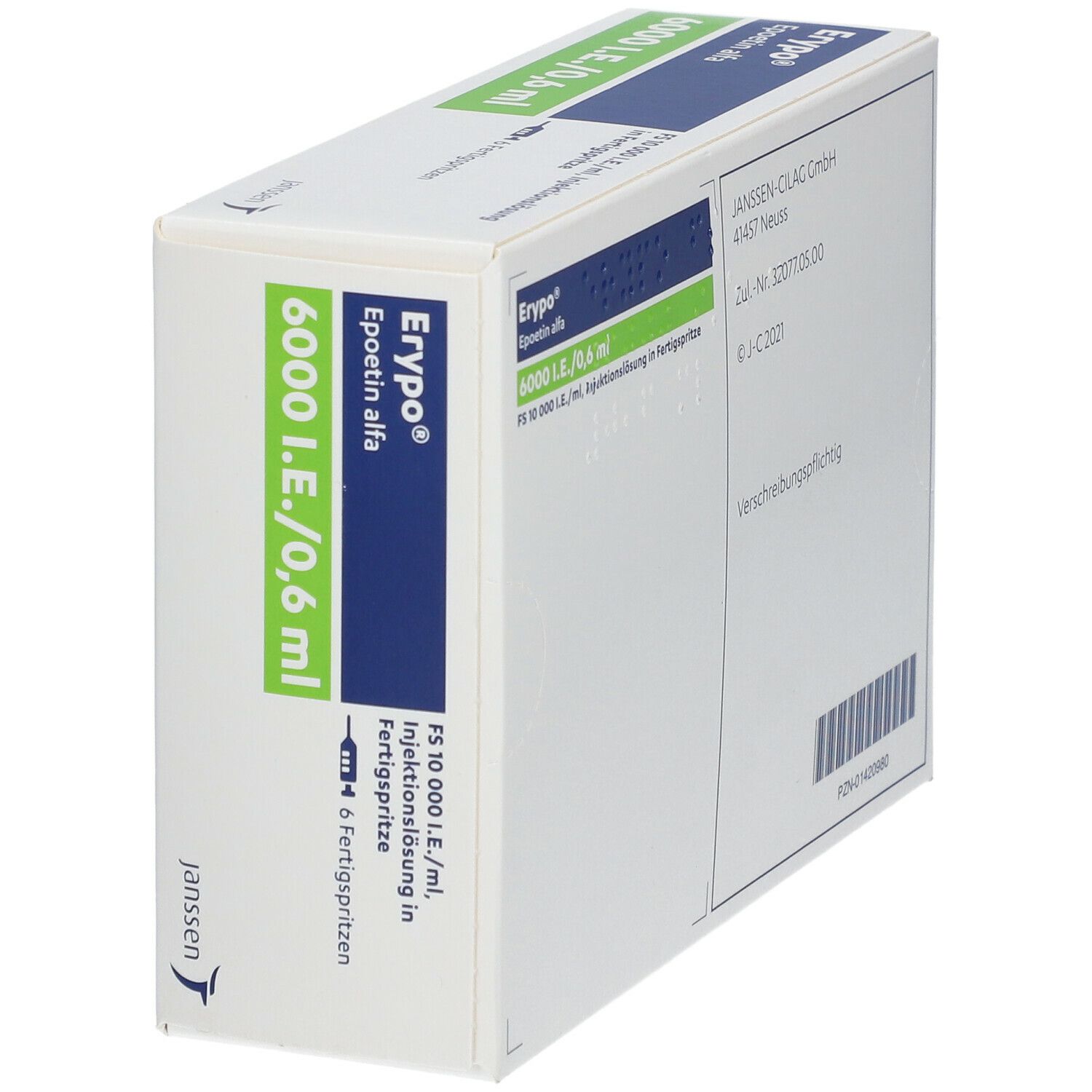 Karton Erypo, Epoetin alfa, 6000 I.E./0,6 ml. Seitenansicht. Janssen Logo.