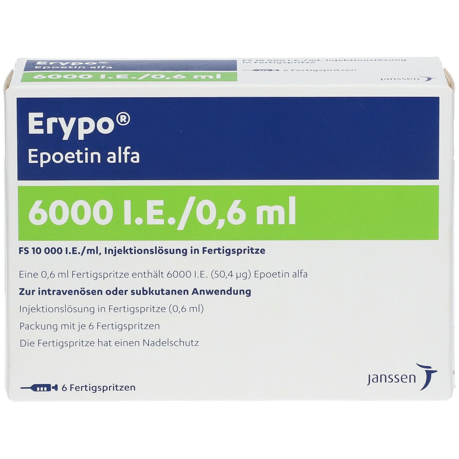 Karton Erypo, Epoetin alfa, 6000 I.E./0,6 ml. Packung mit 6 Fertigspritzen. Janssen Logo.