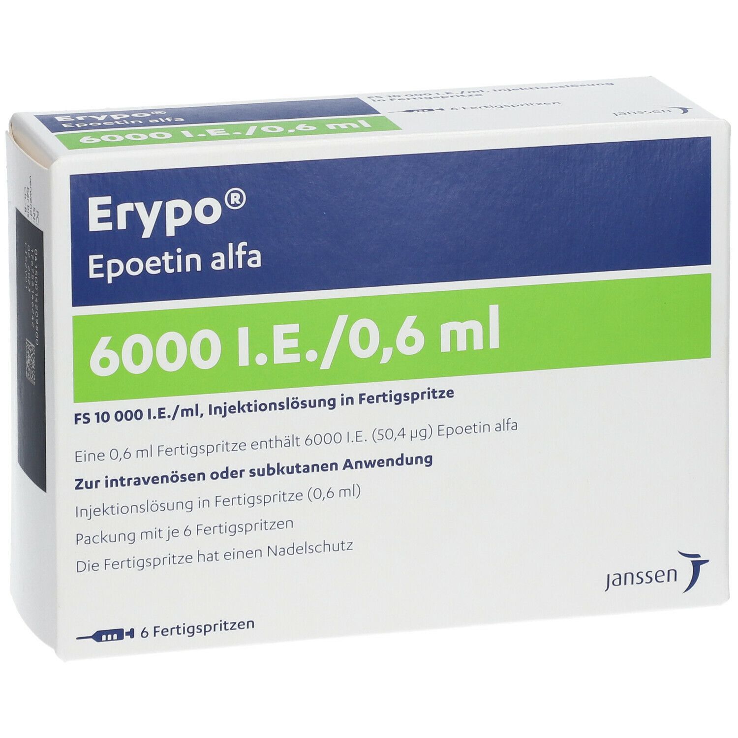 Karton Erypo, Epoetin alfa, 6000 I.E./0,6 ml. Packung mit 6 Fertigspritzen. Janssen Logo.