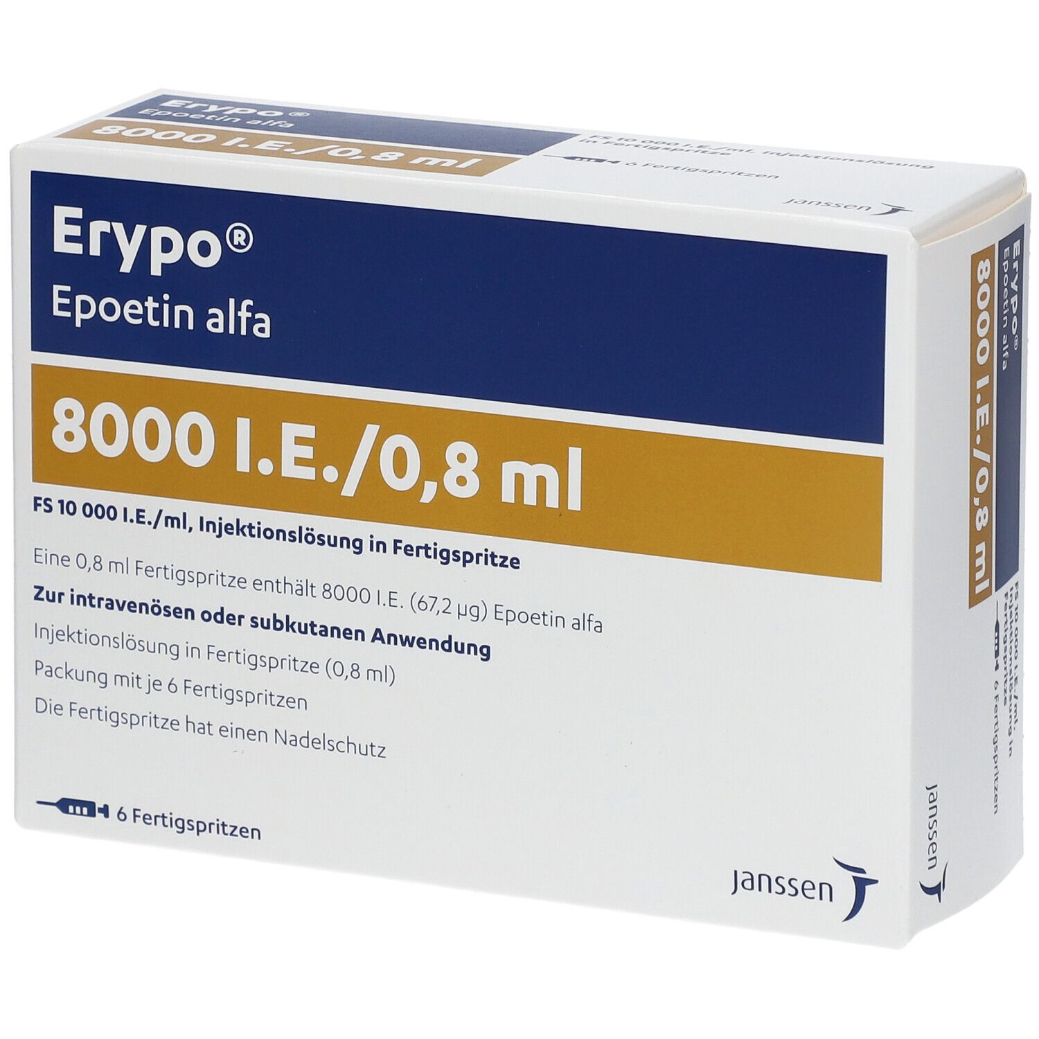 Karton von Erypo, Epoetin alfa, 8000 I.E./0,8 ml. Enthält 6 Fertigspritzen. Janssen Logo.