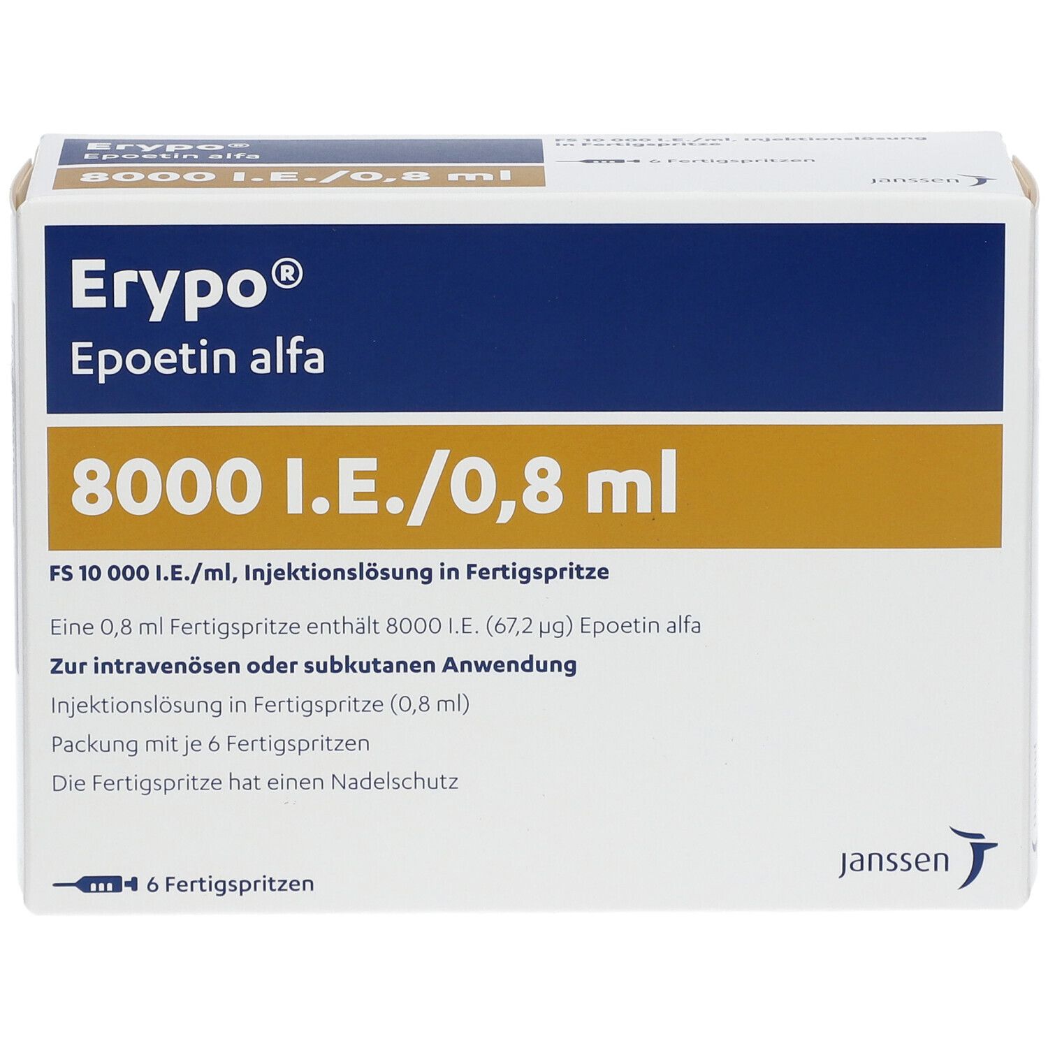 Karton von Erypo, Epoetin alfa, 8000 I.E./0,8 ml. Enthält 6 Fertigspritzen. Janssen Logo.