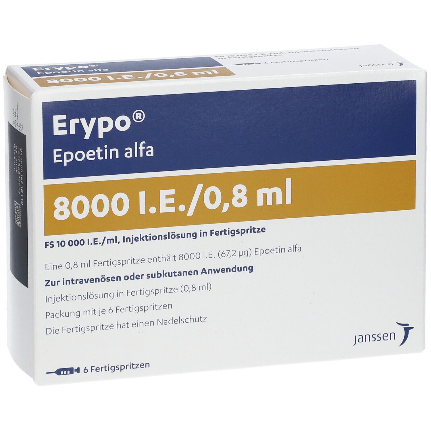 Karton von Erypo, Epoetin alfa, 8000 I.E./0,8 ml. Enthält 6 Fertigspritzen. Janssen Logo.