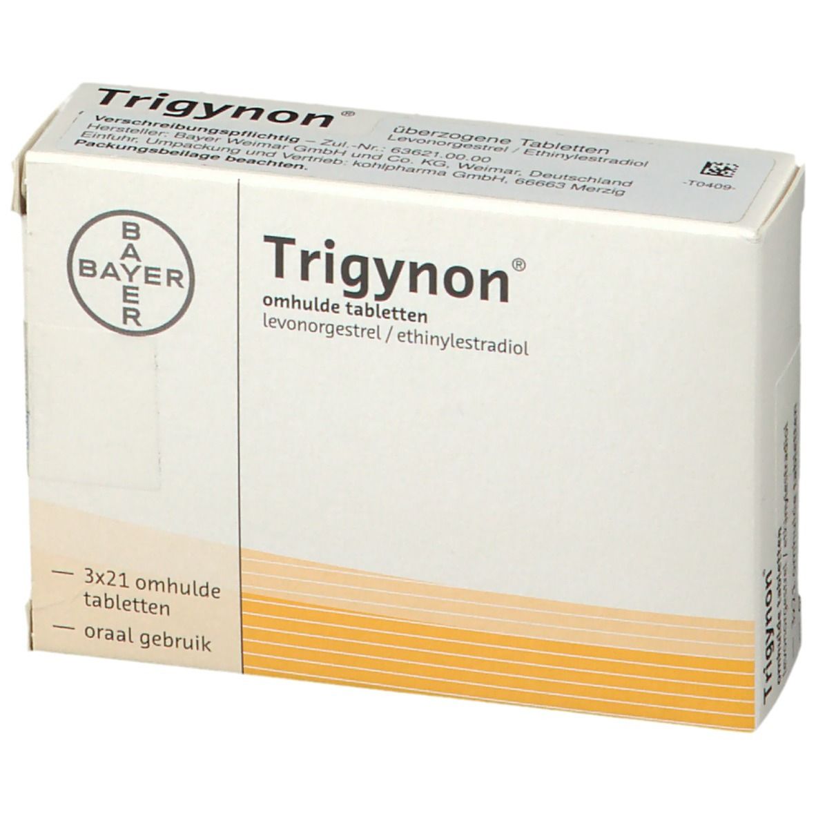 Trigynon-Verpackung, weißer Karton mit Produktnamen und Bayer-Logo. Enthält 3x21 Tabletten.