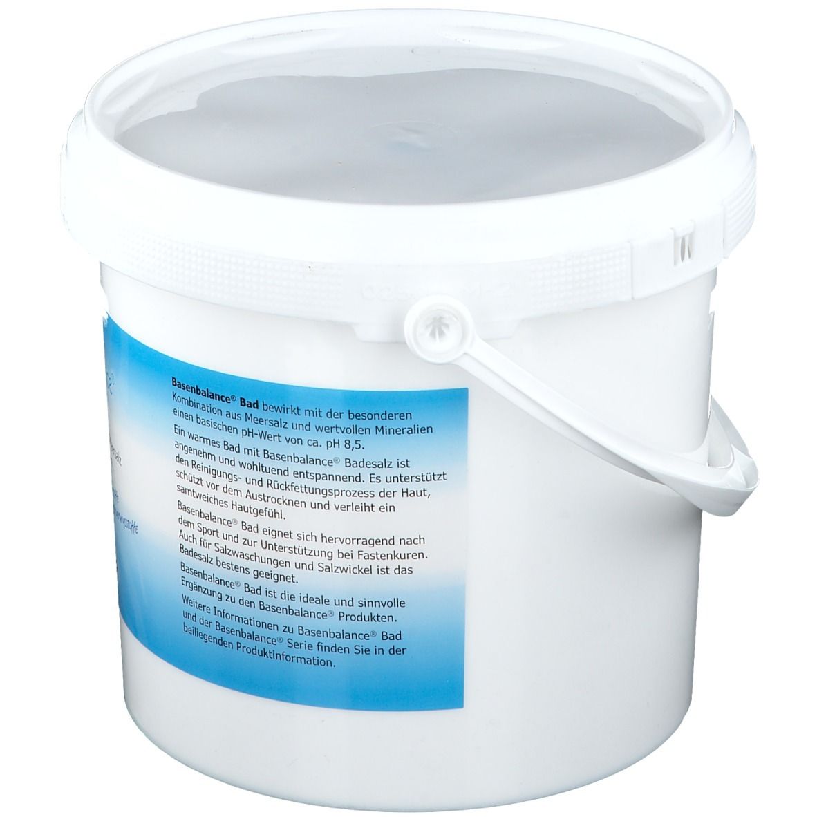 Weißer Eimer mit blauem Etikett. Aufschrift: Basen Balance Bad, Meersalz, Mineralstoffe, Aurica. 3 kg.