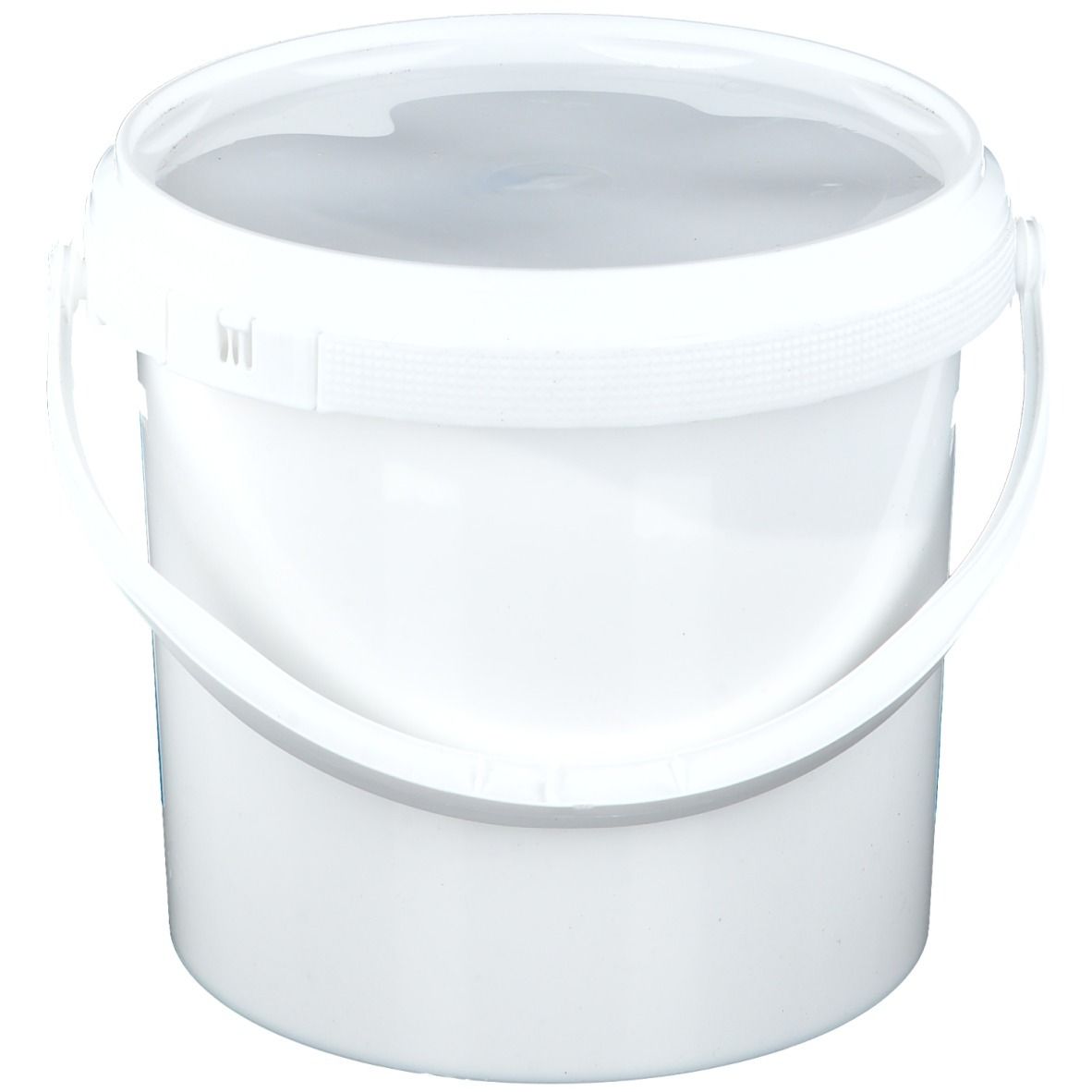 Weißer Eimer mit Deckel und Griff. Keine weiteren Details sichtbar.