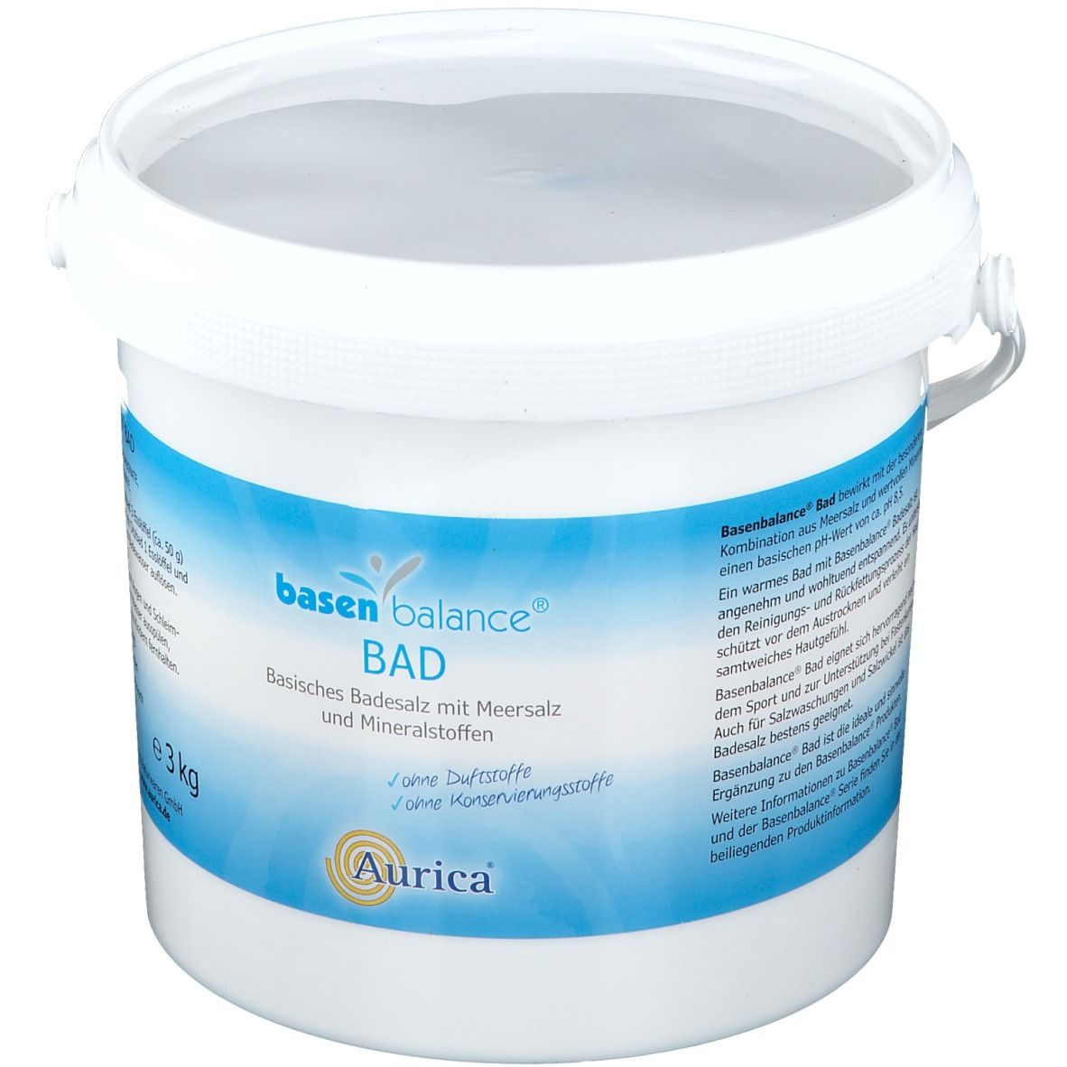 Weißer Eimer mit blauem Etikett. Aufschrift: Basen Balance Bad, Meersalz, Mineralstoffe, Aurica. 3 kg.
