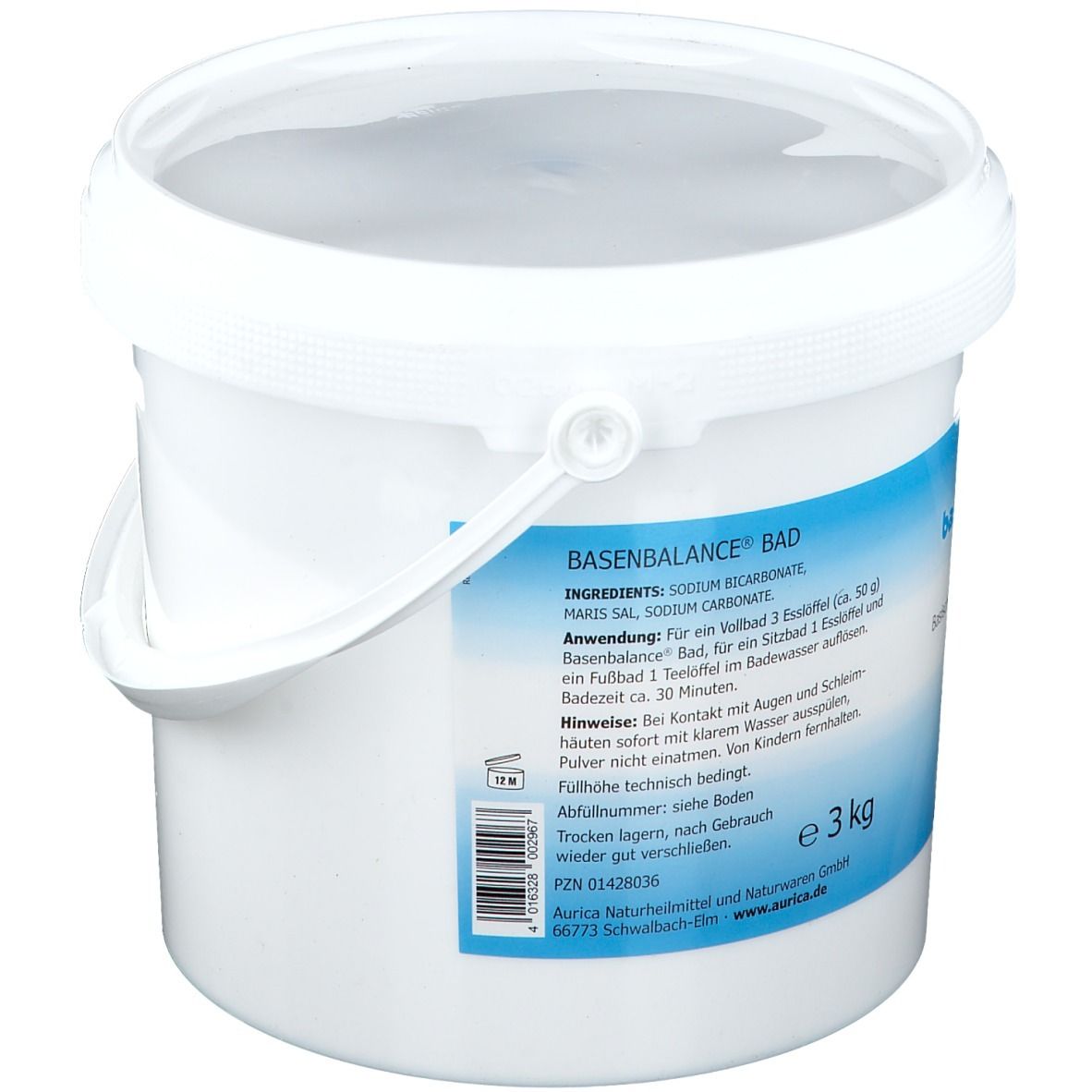Weißer Eimer mit blauem Etikett. Aufschrift: Basen Balance Bad, Meersalz, Mineralstoffe, Aurica. 3 kg.