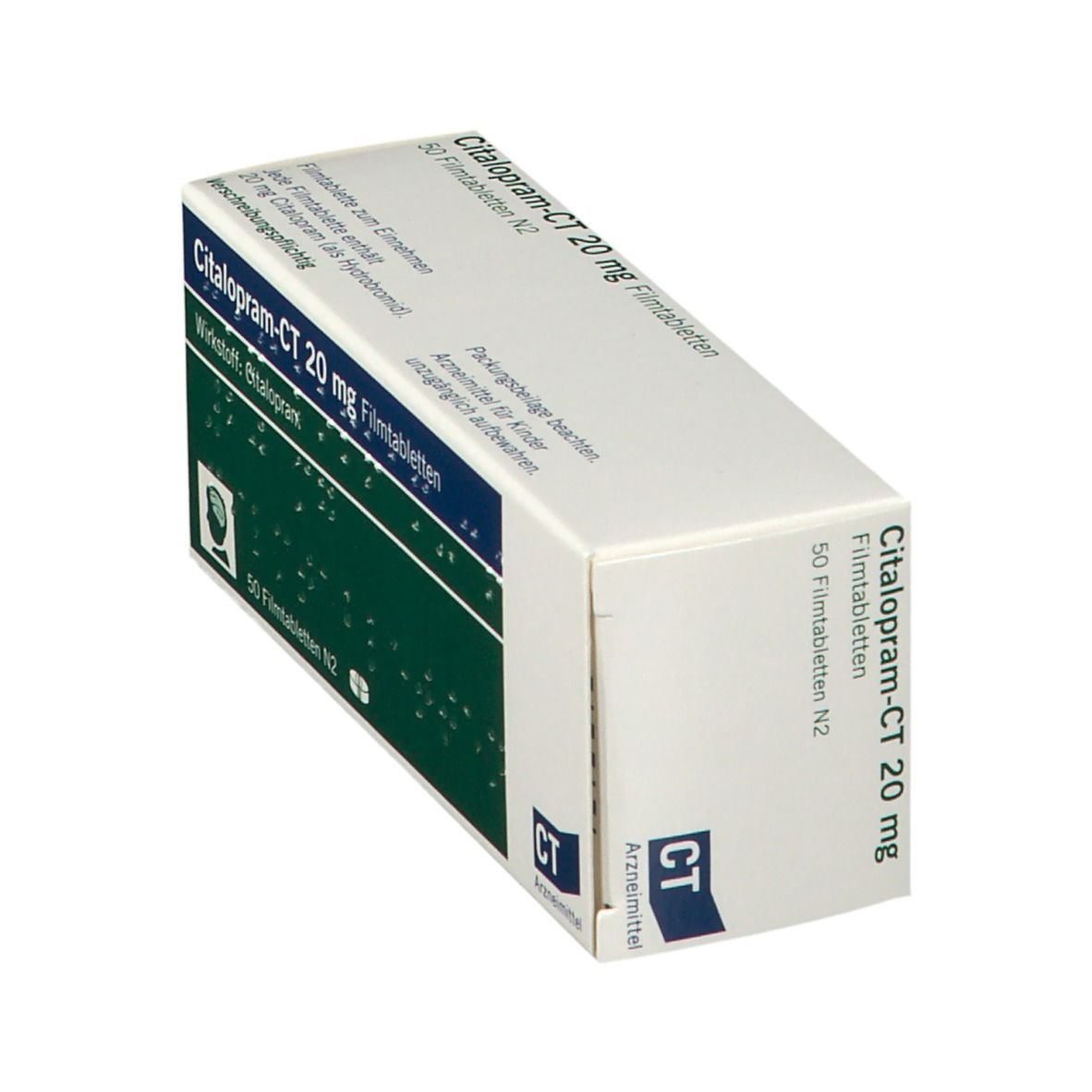 Citalopram-CT 20 mg Filmtabletten-Verpackung. Weißer Karton mit blauer und grüner Beschriftung. Enthält 50 Filmtabletten.