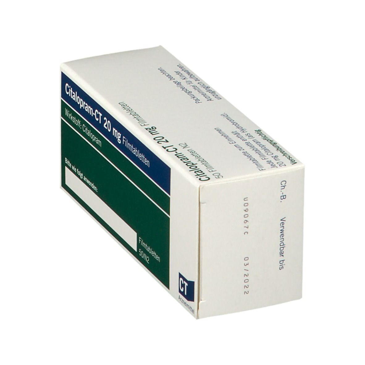 Citalopram-CT 20 mg Filmtabletten-Verpackung. Weißer Karton mit blauer und grüner Beschriftung. Enthält 50 Filmtabletten.