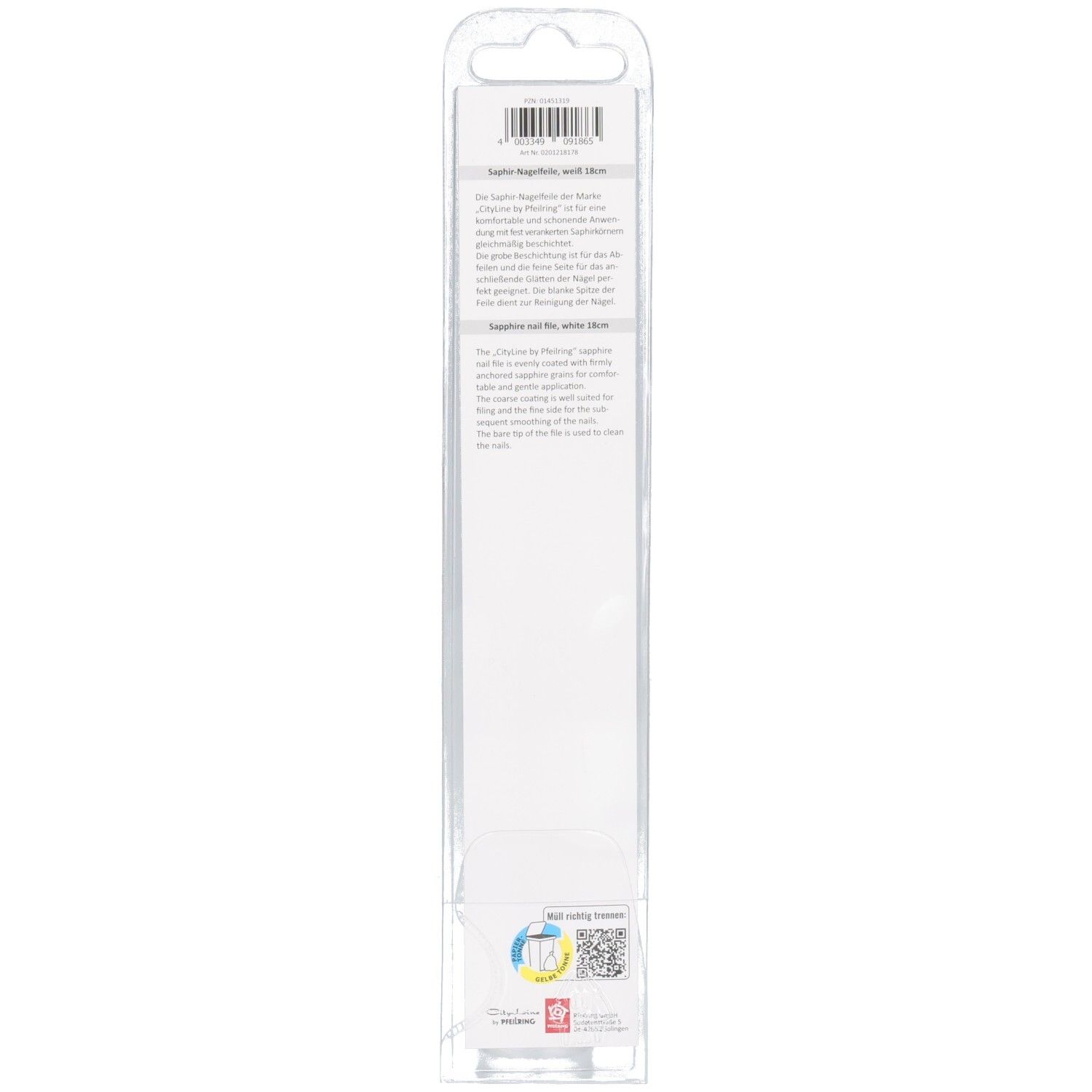 Rückseite der Produktverpackung. Verpackung aus transparentem Kunststoff. Produktinformationen.