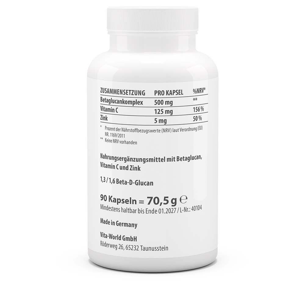 Rückseite der weißen Flasche. Enthält Informationen zu Inhaltsstoffen, Nährwerten und Hersteller. 90 Kapseln, 70,5 g, Made in Germany.