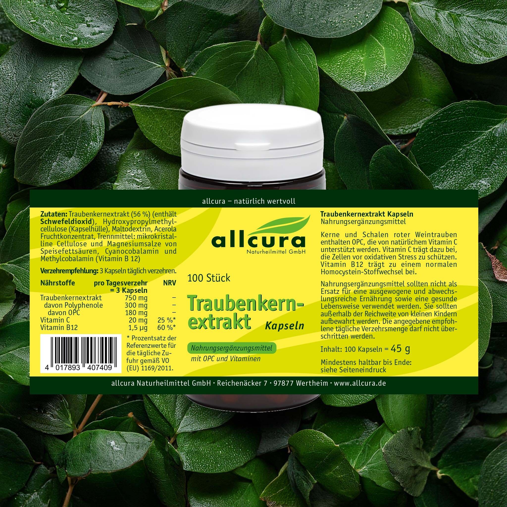Produktverpackung mit grünen Blättern im Hintergrund. Aufschrift: allcura Traubenkern Extrakt Kapseln, 100 Stück.