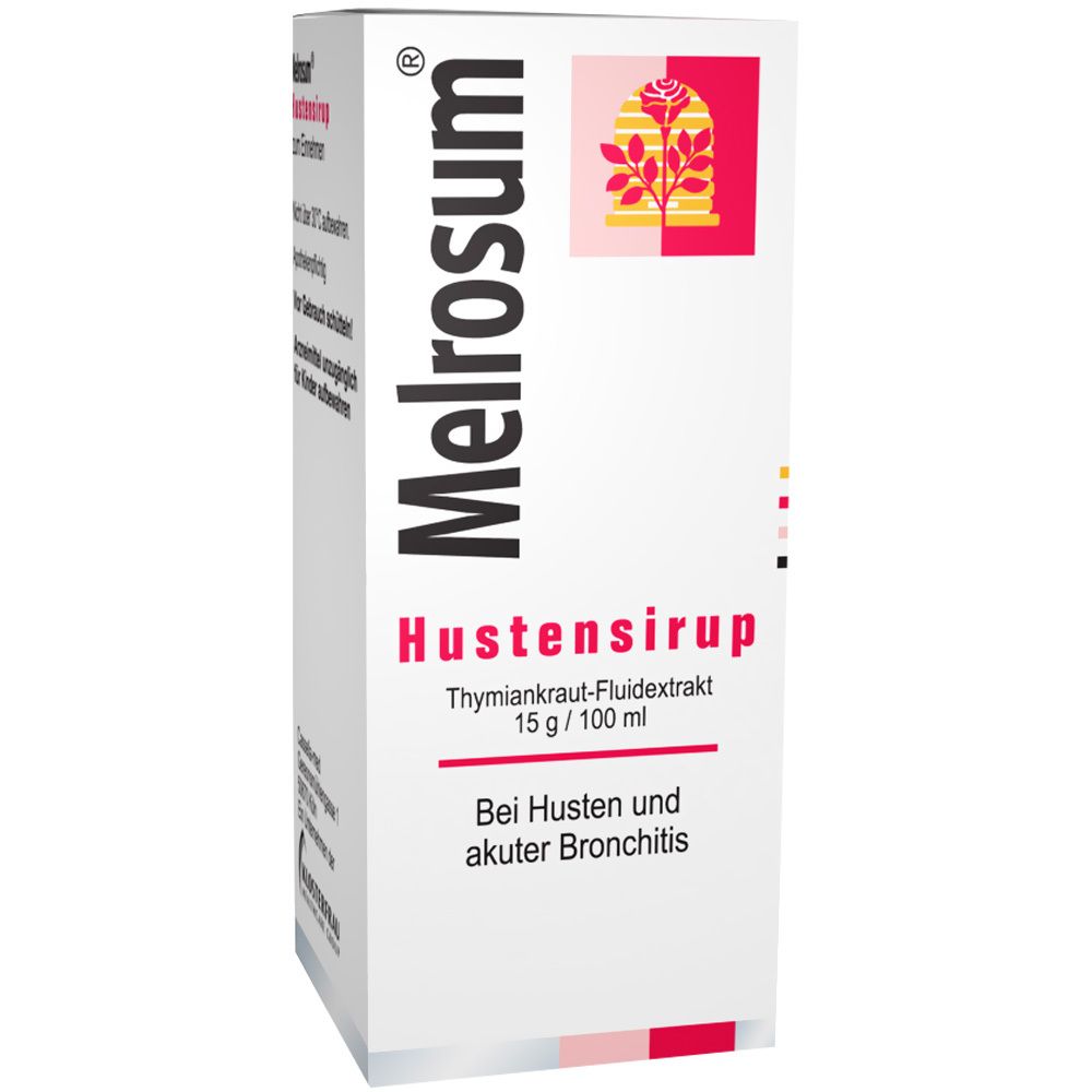 Weißer Karton mit Produktaufdruck. Aufschrift: Melrosum Hustensirup. Thymiankraut-Fluidextrakt. Bei Husten und Bronchitis.