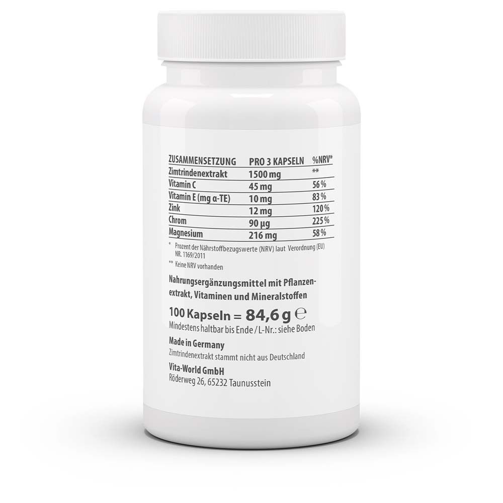 Rückseite der Flasche. Auflistung der Inhaltsstoffe und Nährwerte pro 3 Kapseln. 100 Kapseln = 84,6 g. Hergestellt in Deutschland.
