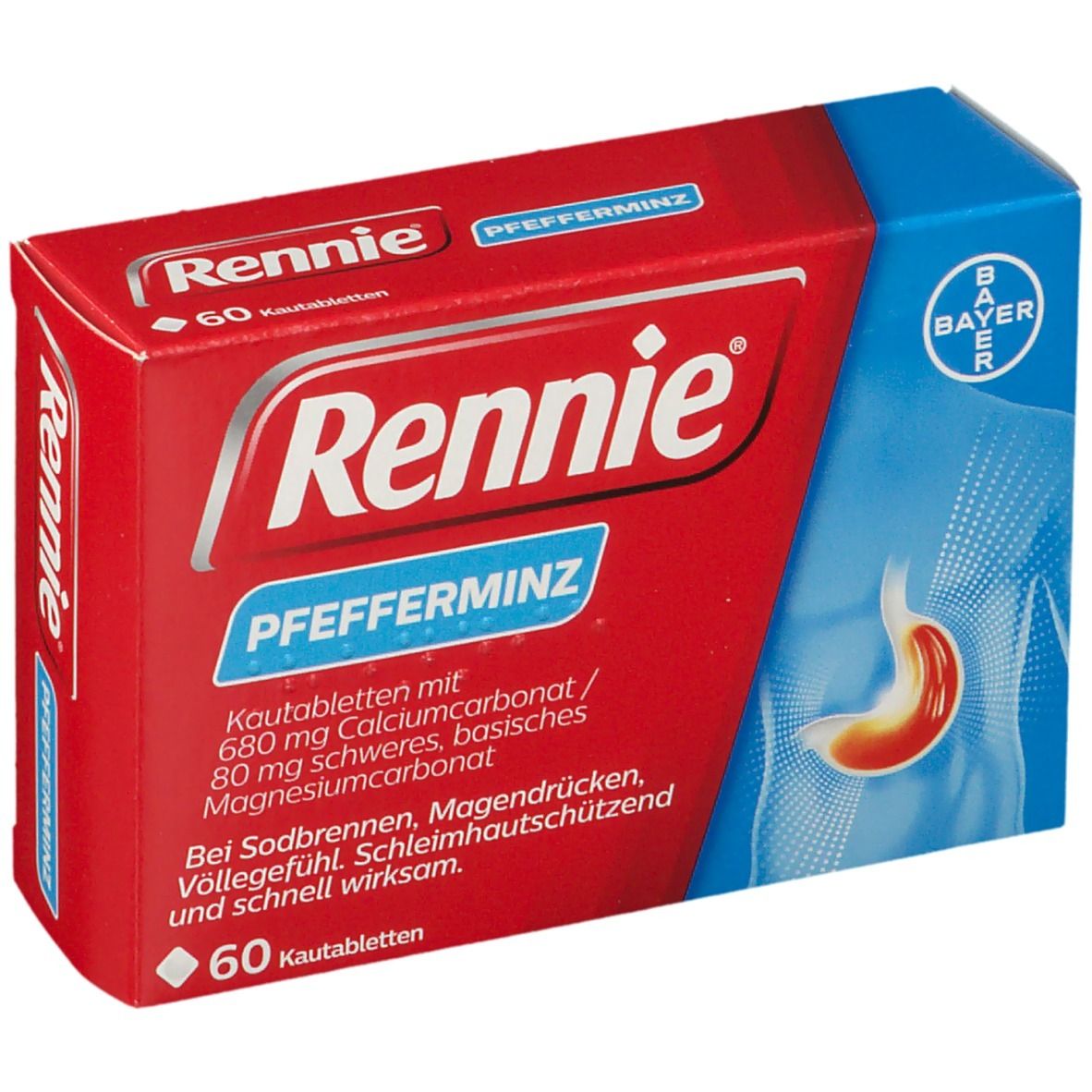 Rote Schachtel mit Rennie Pfefferminz. Enthält 60 Kautabletten. Bayer-Logo.