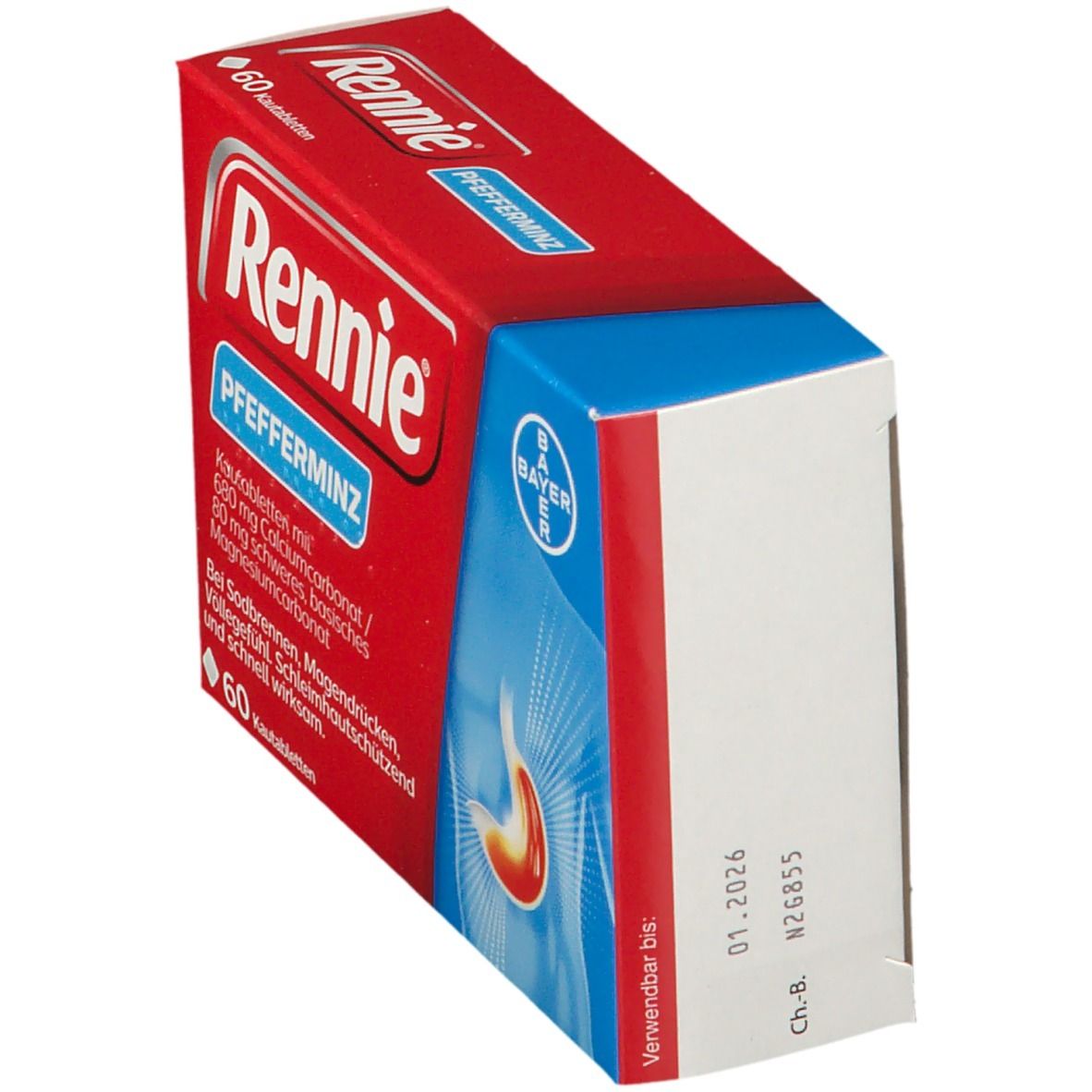 Rote Schachtel Rennie Pfefferminz, 60 Kautabletten. Bayer-Logo. Seitenansicht.