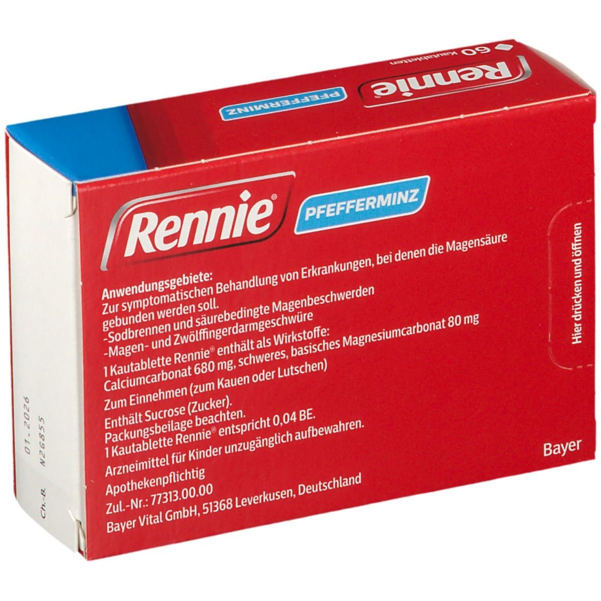 Rote Schachtel Rennie Pfefferminz, 60 Kautabletten. Rückseite mit Text.