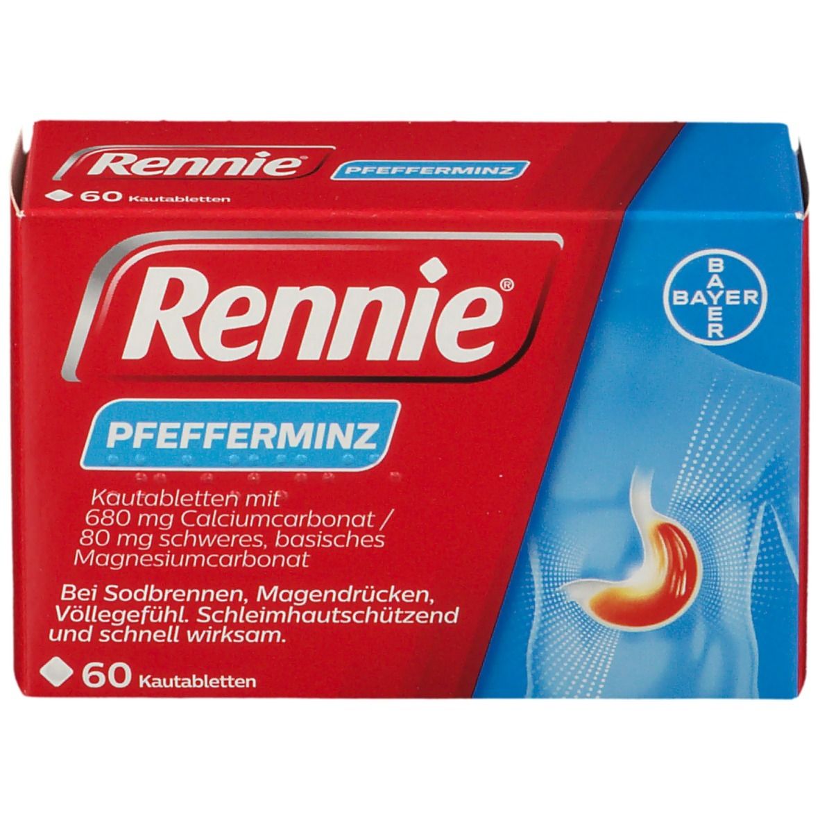 Rote Schachtel Rennie Pfefferminz, 60 Kautabletten. Bayer-Logo und Abbildung Magen.