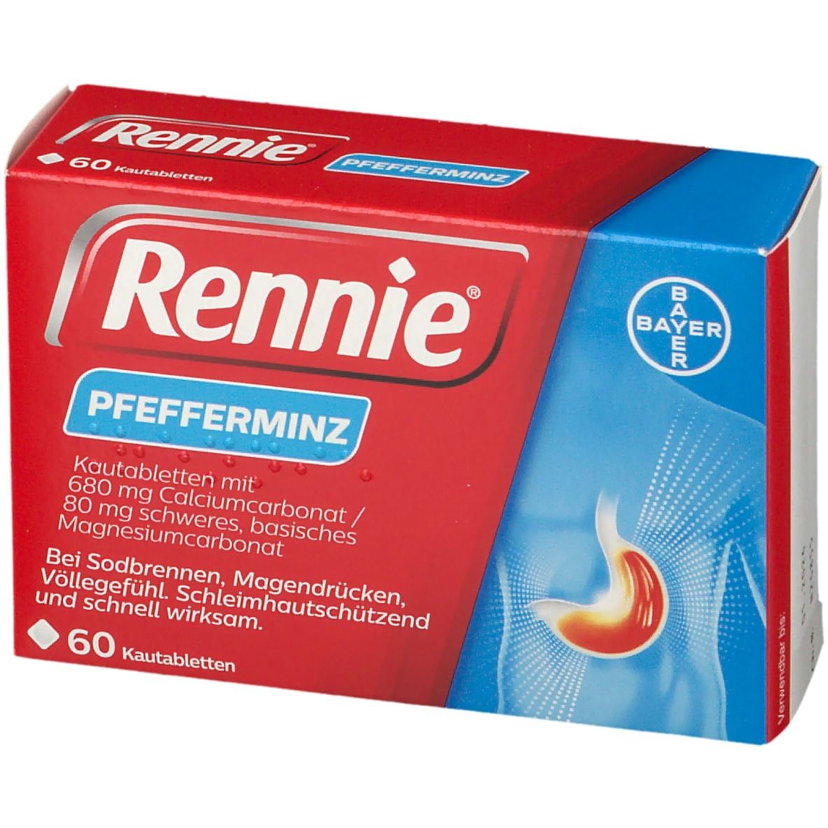 Rote Schachtel Rennie Pfefferminz, 60 Kautabletten. Bayer-Logo und Abbildung Magen.